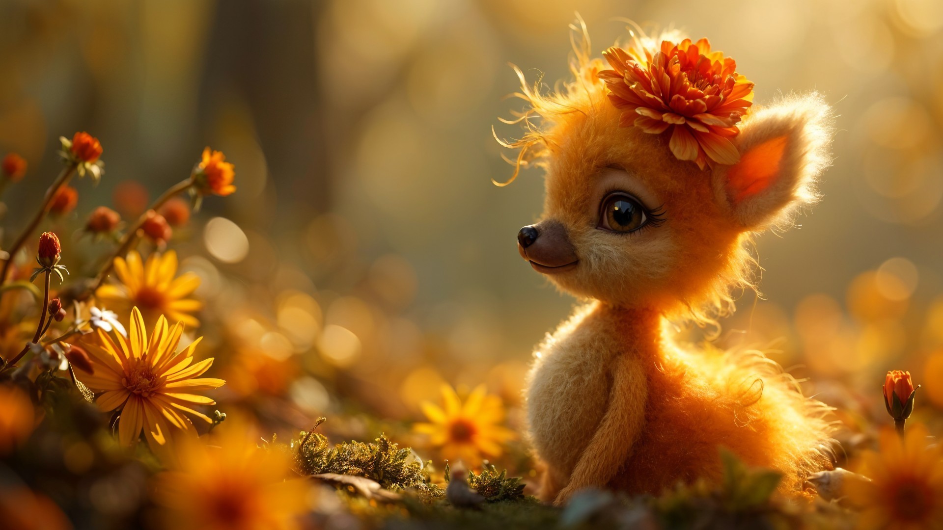 Fluffy Creature in Vibrant Flower Field Scene