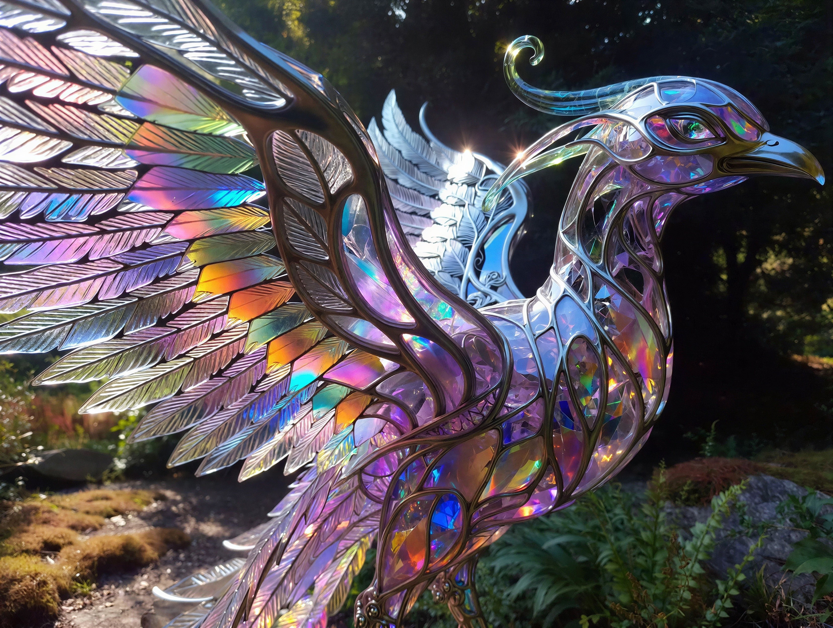 Iridescent Phoenix Statue in Garden Setting