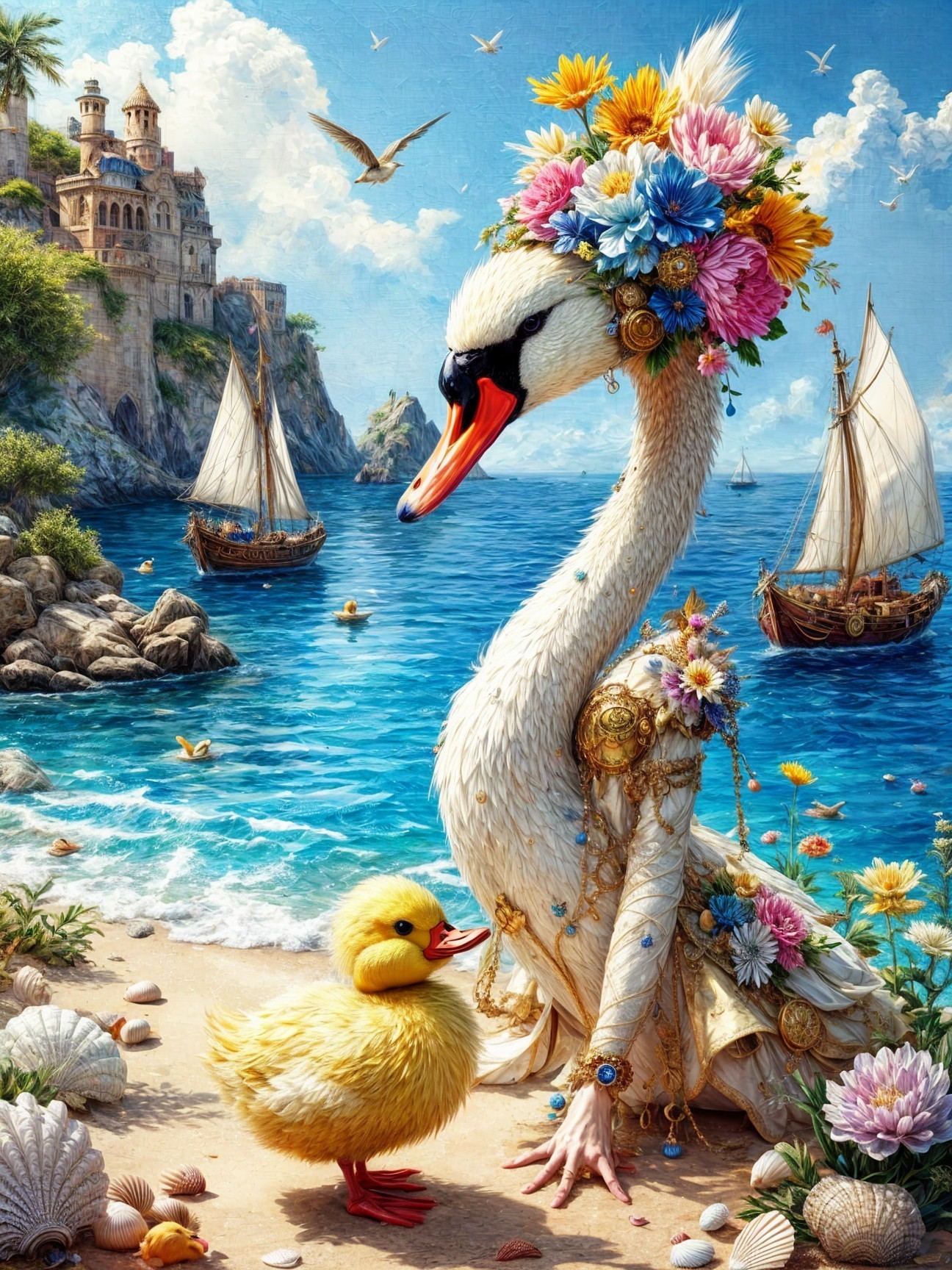 Whimsical Beach Scene with Swan and Duckling