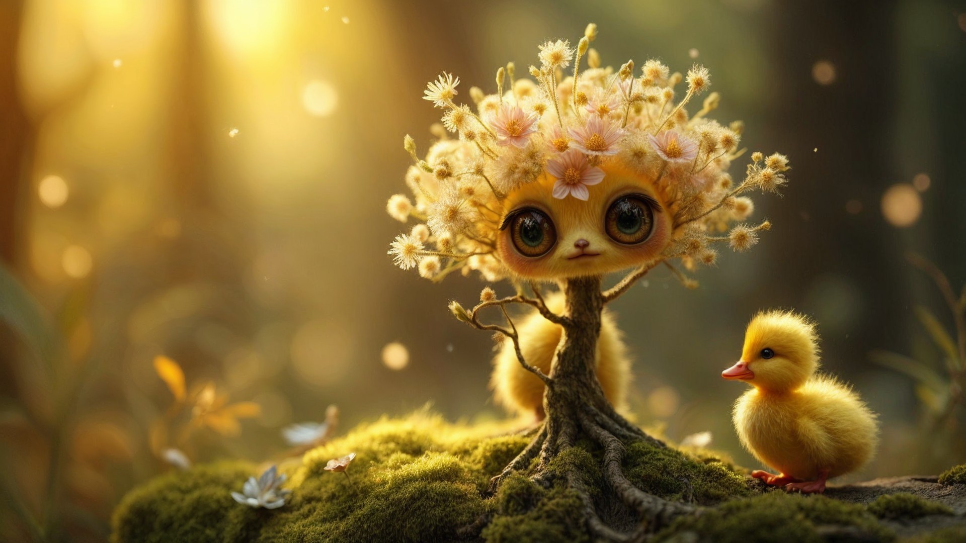 Whimsical Forest Scene with Anthropomorphic Tree and Duckling