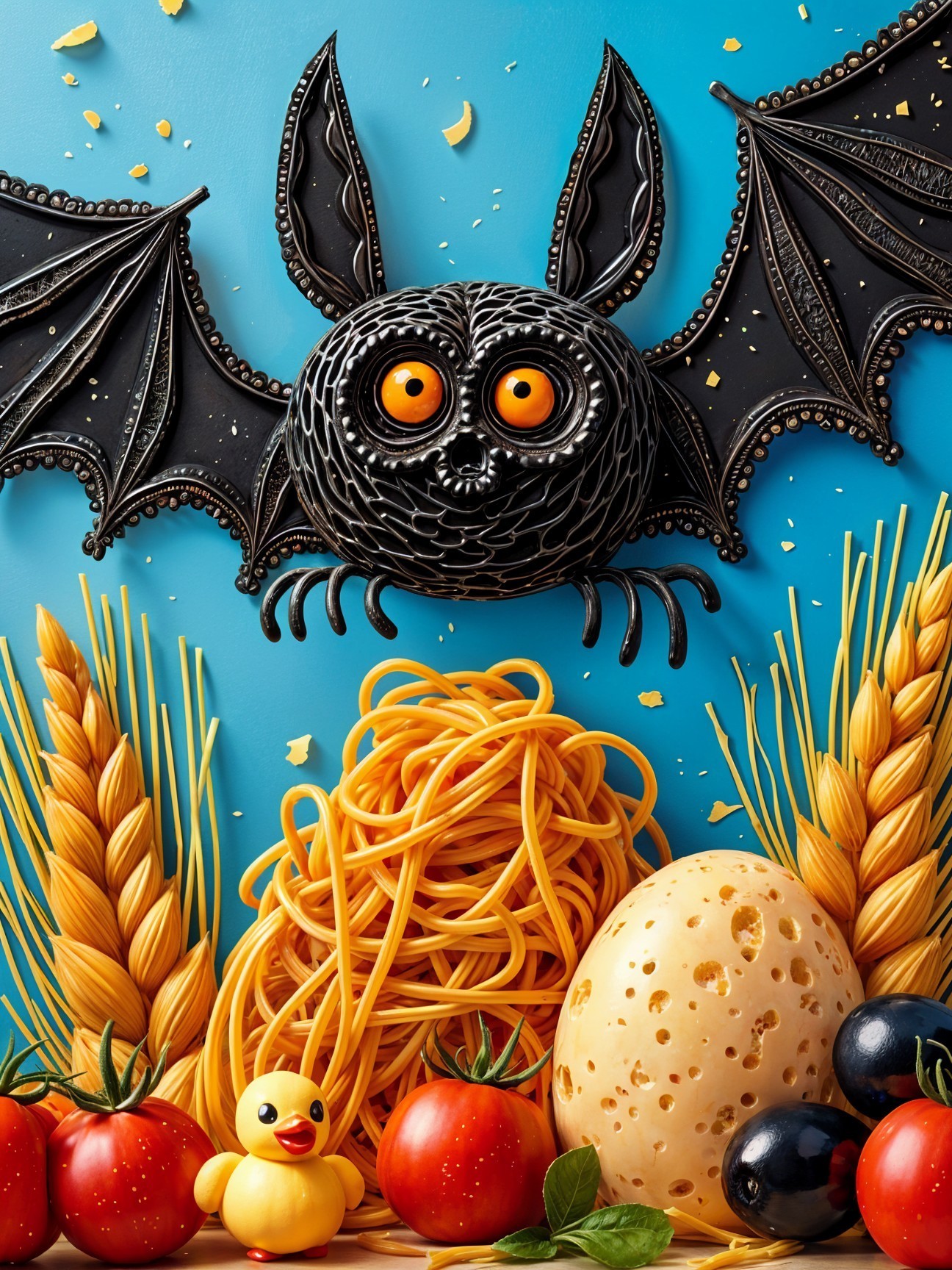 Halloween-Themed Spaghetti Arrangement with Bat and Duck