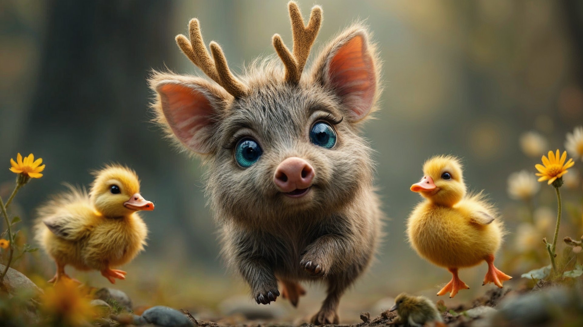 Whimsical Forest Scene with Furry Creature and Ducklings