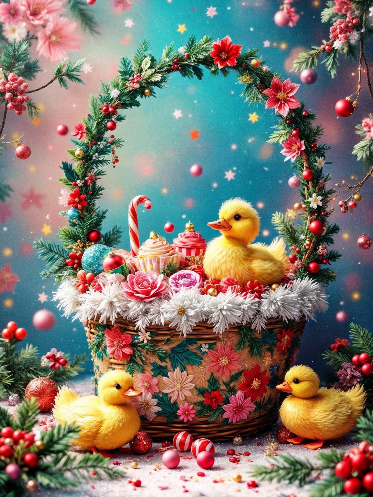 Vibrant Easter Basket with Ducklings and Decorations
