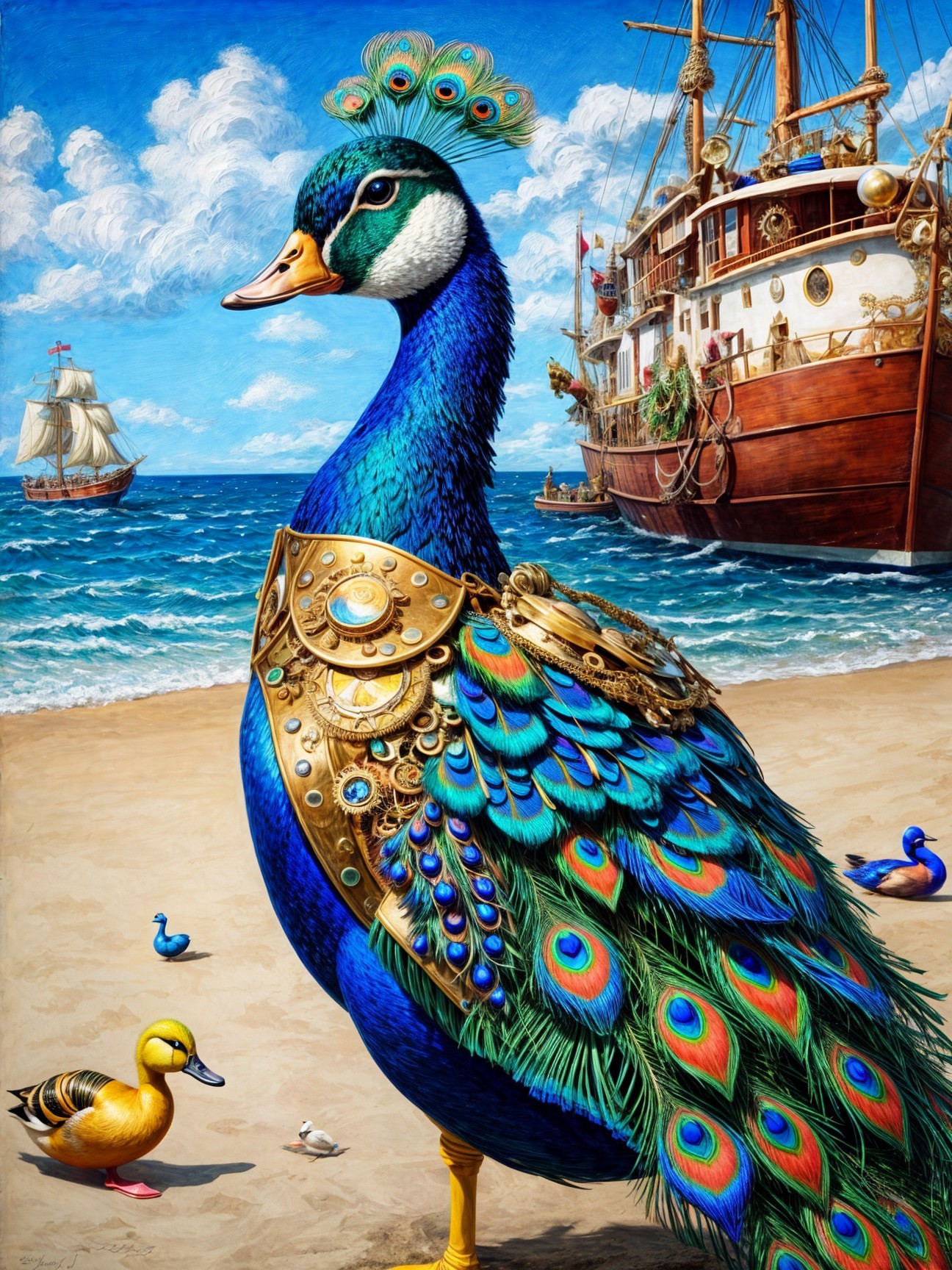 Peacock Displaying Plumage on Beach with Ducks and Ship