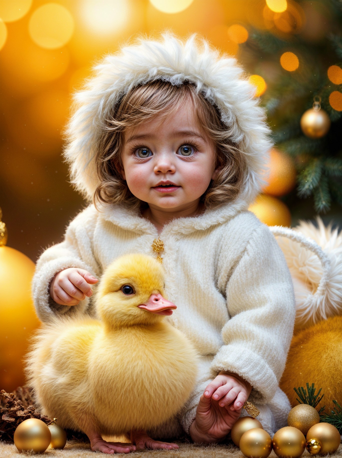 Toddler in Cozy Outfit with Duckling Amidst Decorations