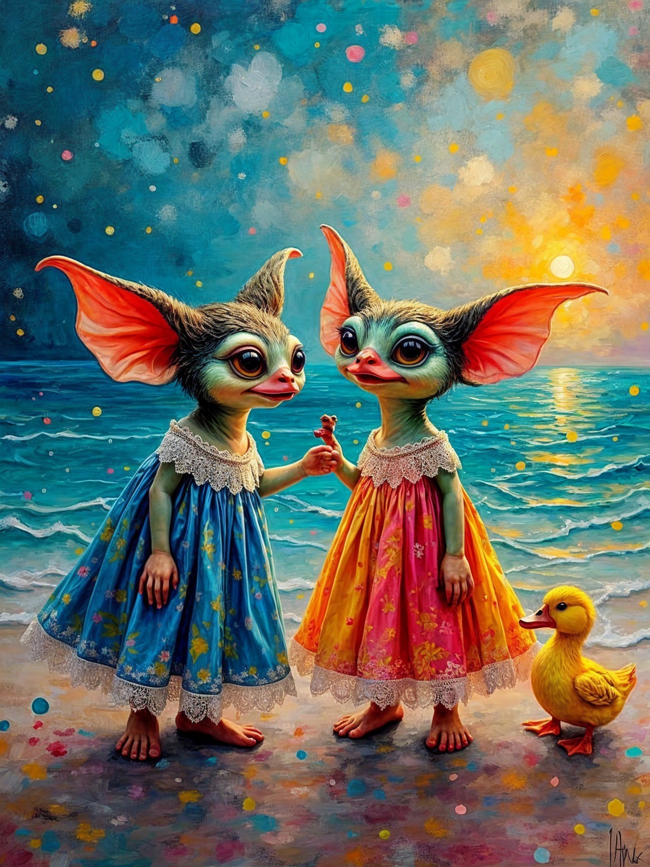 Whimsical Creatures on Beach at Sunset with Duckling