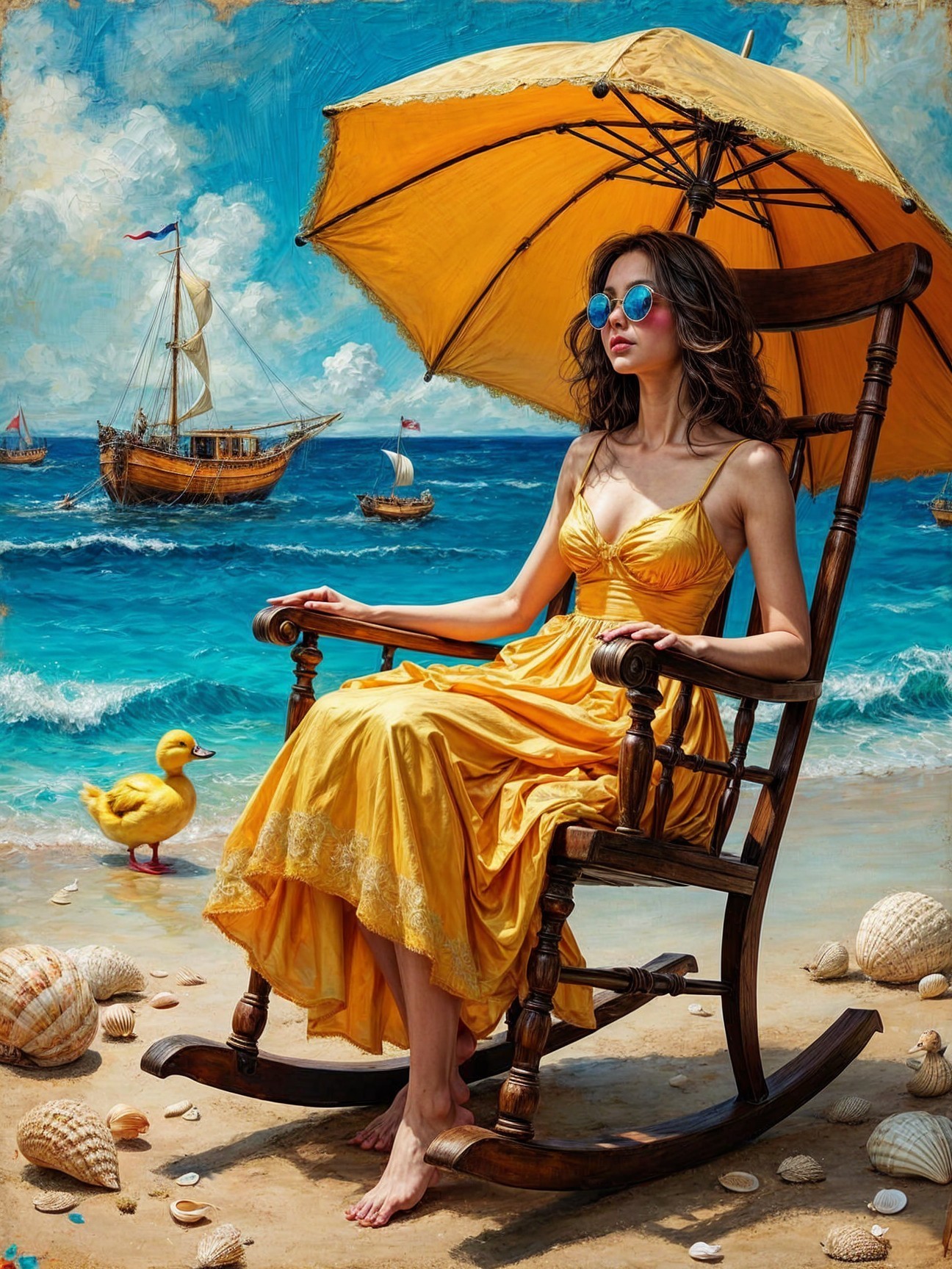 Serene beach scene with woman in yellow dress and duck