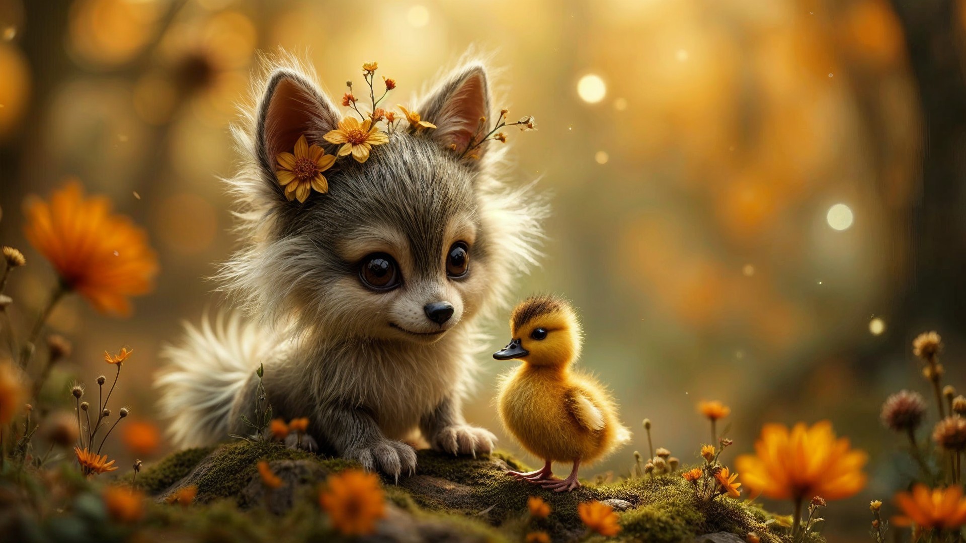 Whimsical Forest Scene with Fluffy Creature and Duckling