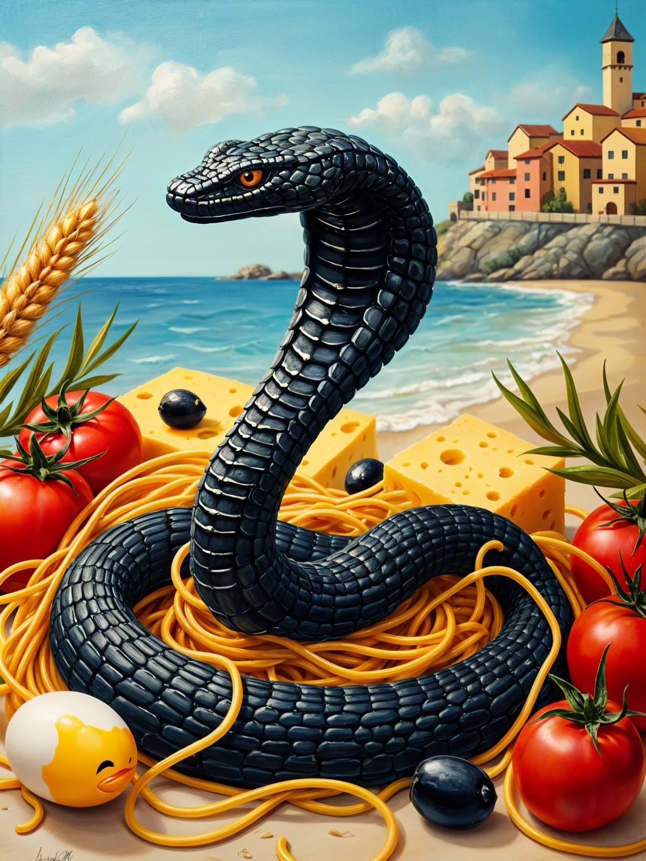 Surreal Scene of Snake and Spaghetti with Coastal Village