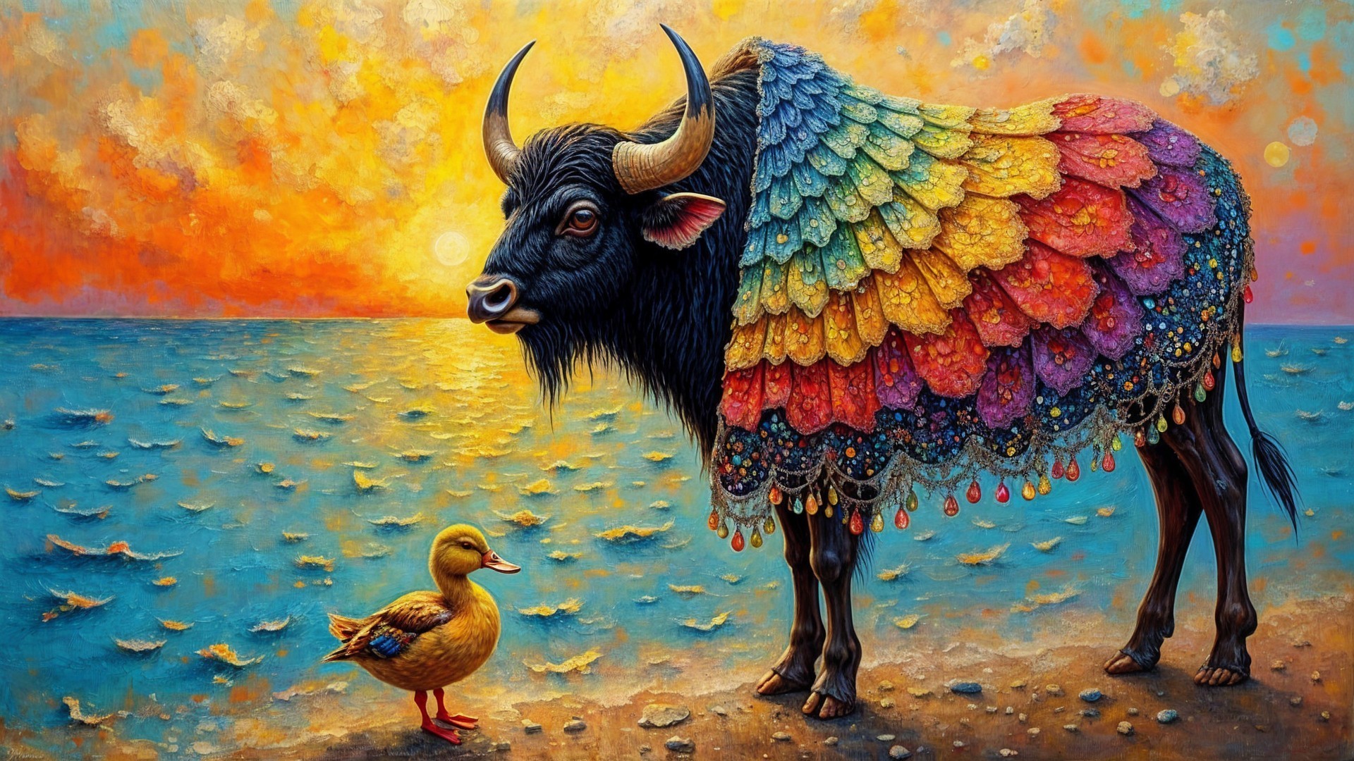Buffalo with Colorful Cape by Sunset Water Scene
