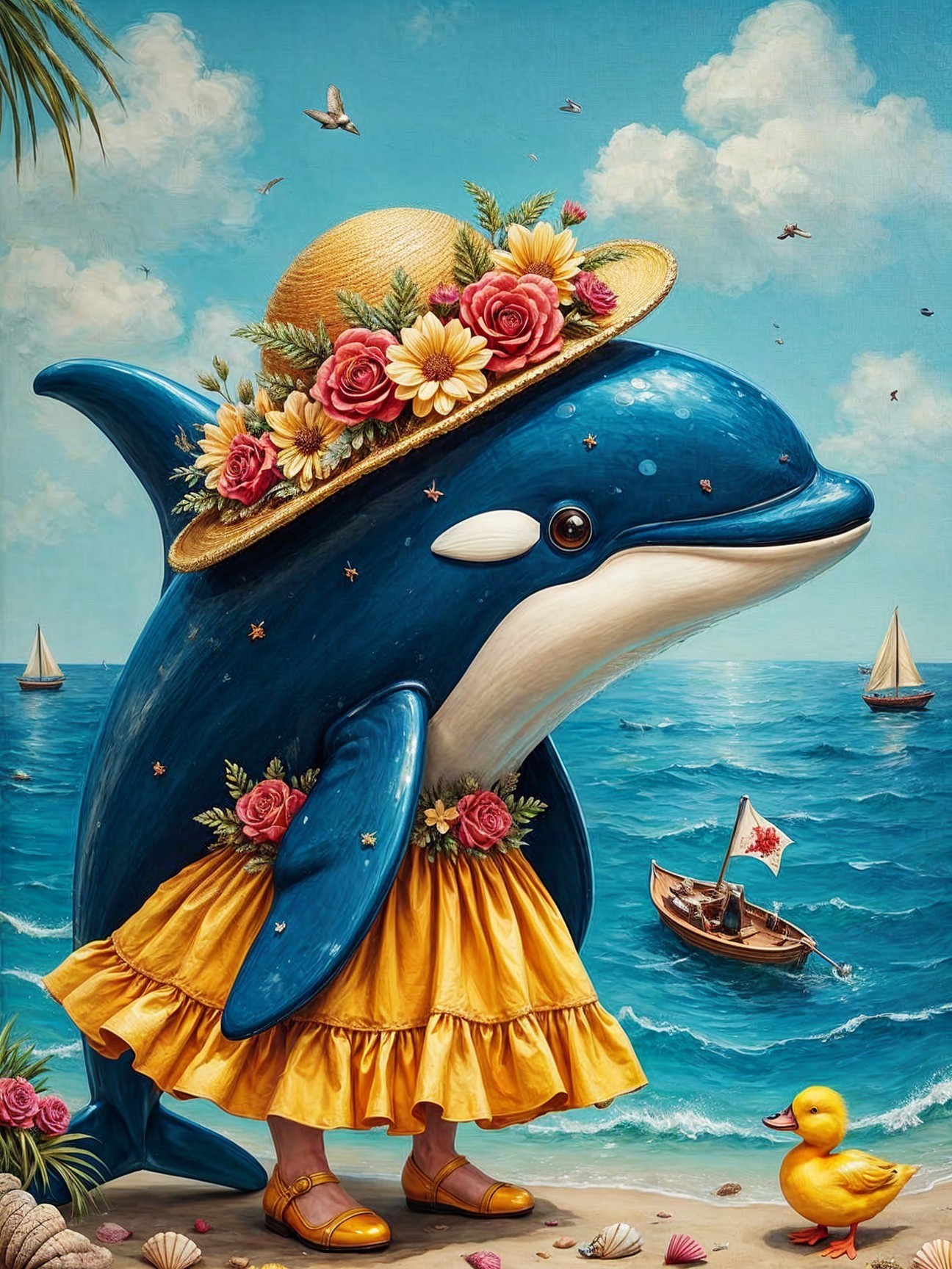 Cartoon Dolphin in Floral Hat at Beach Scene