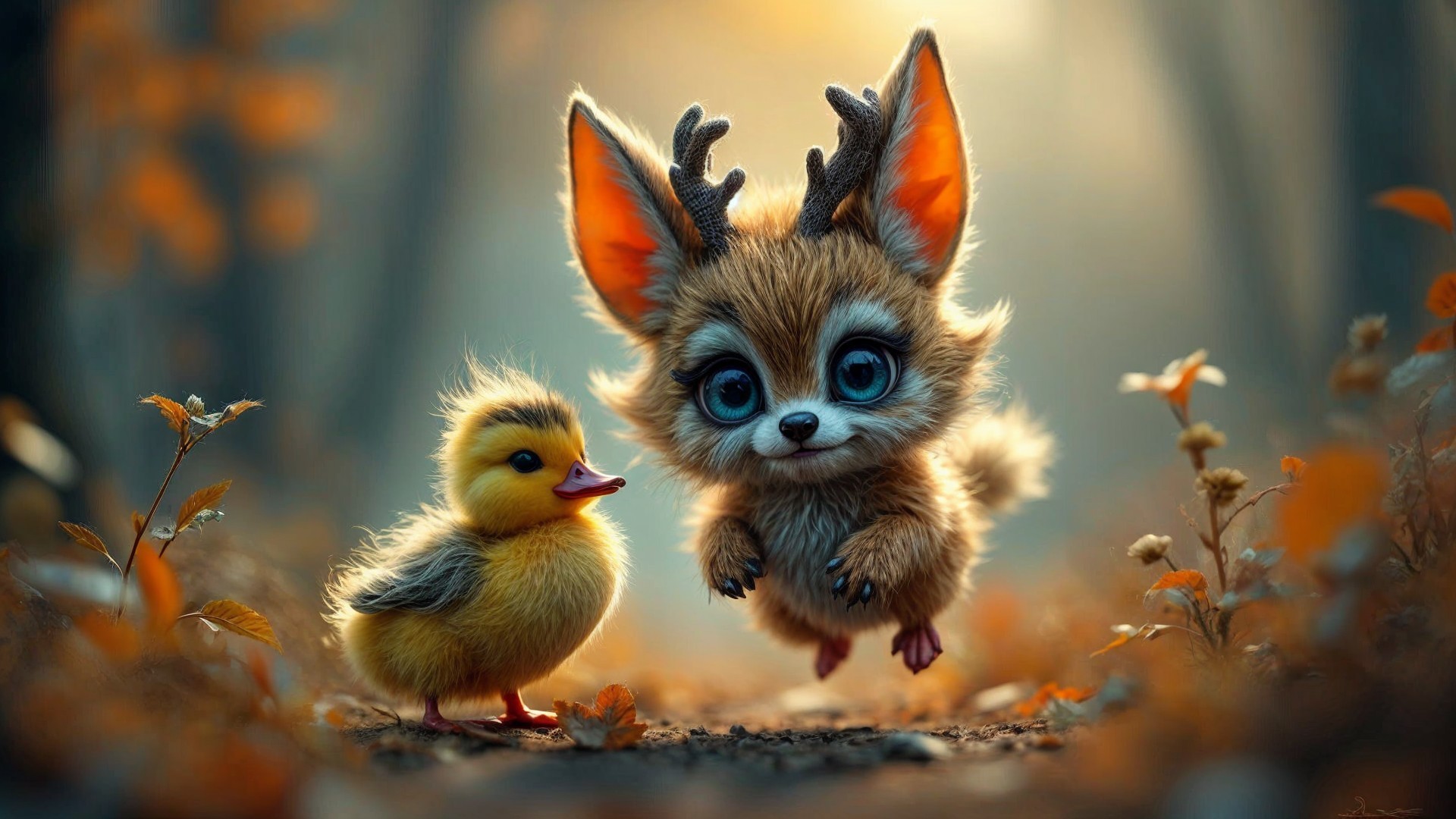 Tranquil forest scene with fluffy creature and duckling