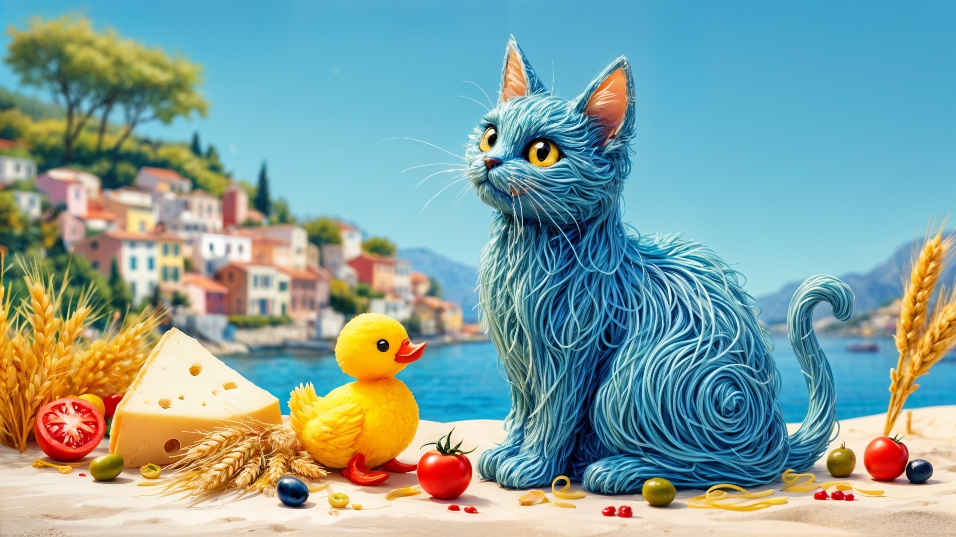 Whimsical Beach Scene with Yarn Cat and Rubber Duck