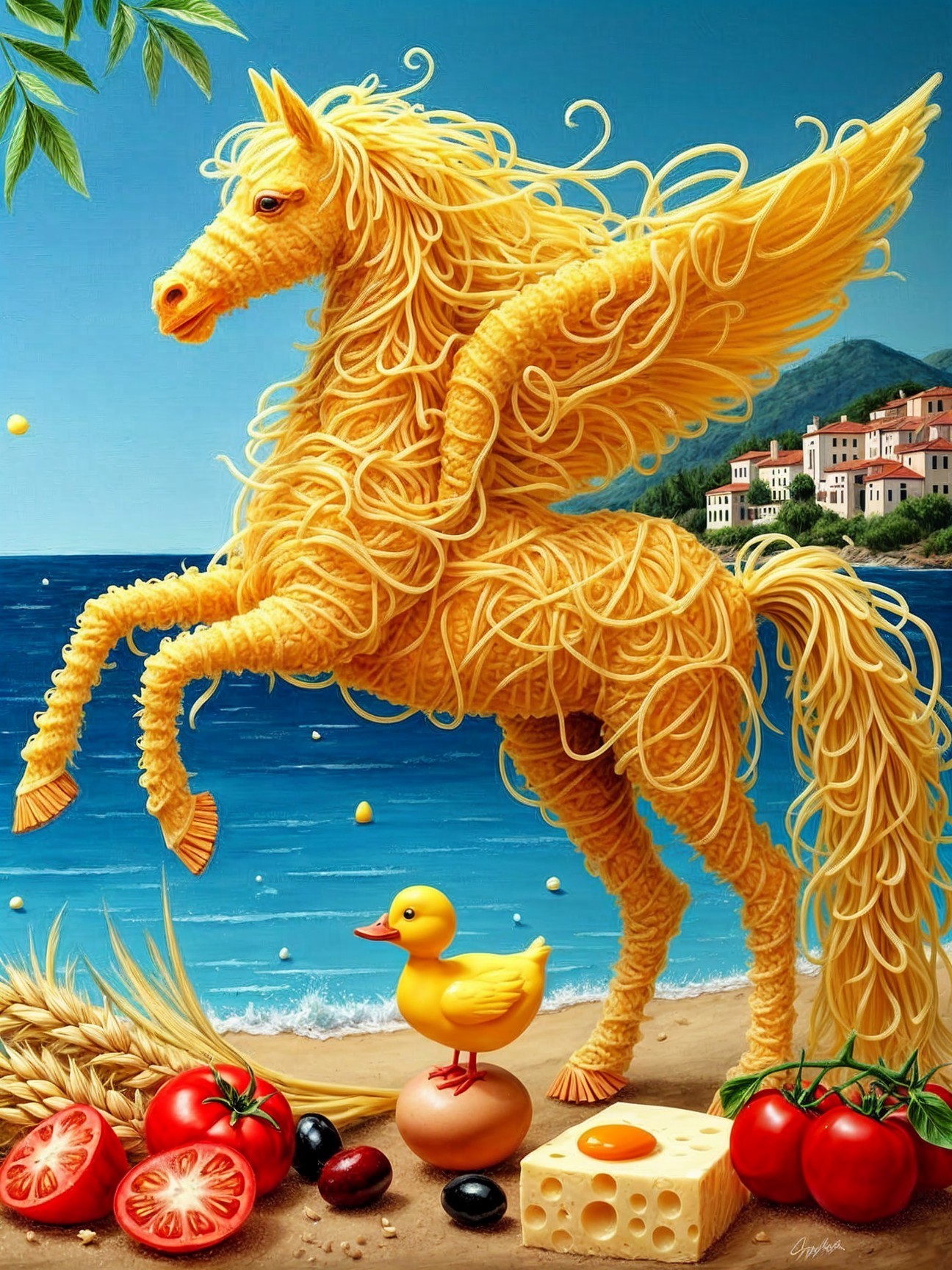 Golden Spaghetti Horse in Whimsical Coastal Scene
