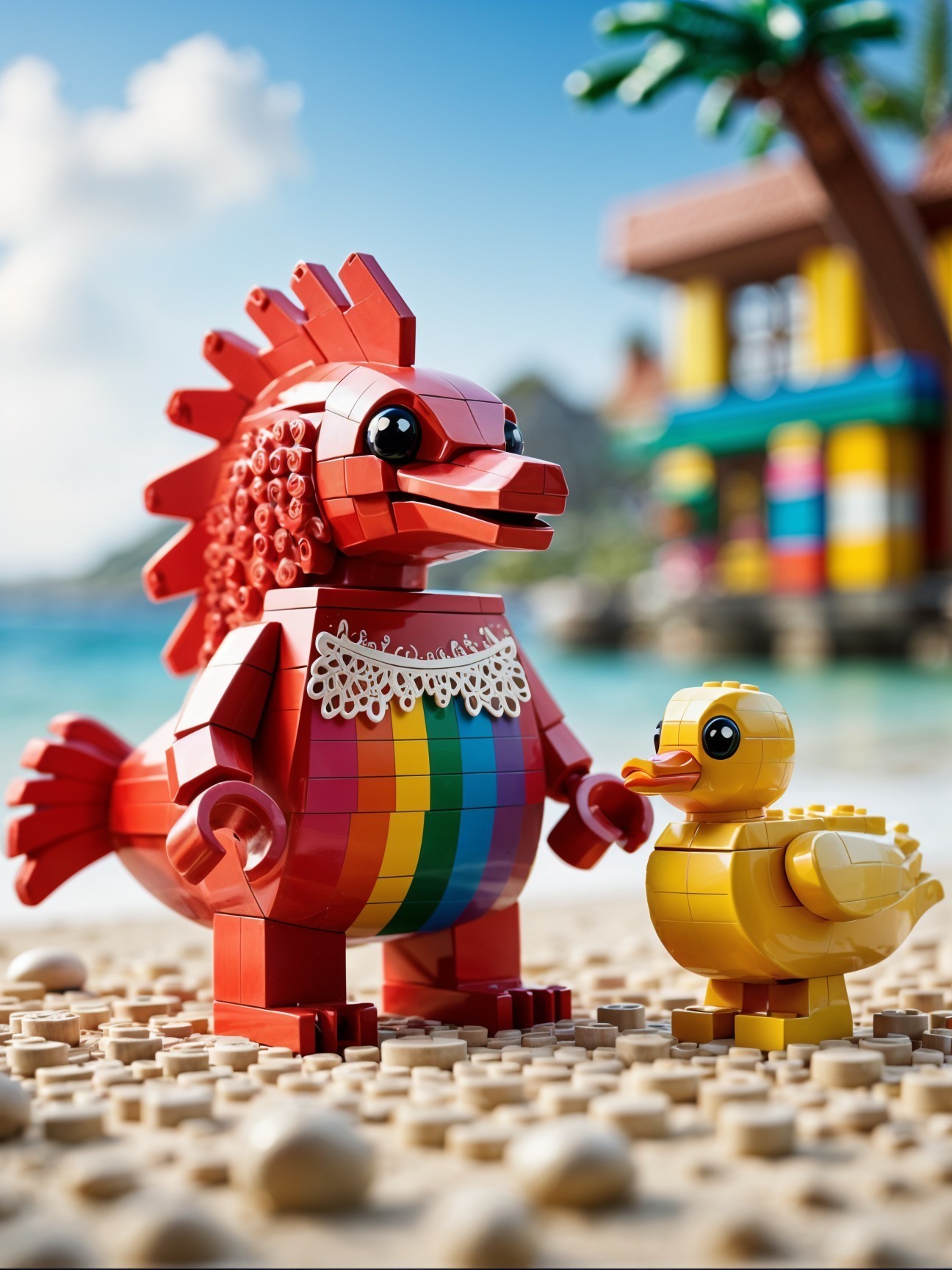 Vibrant LEGO Beach Scene with Dinosaur and Duckling