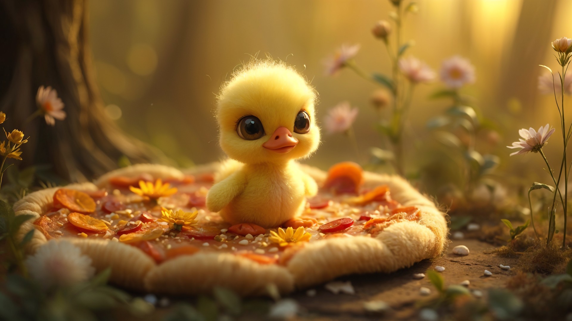 Fluffy Duckling on Pizza in Whimsical Forest Setting