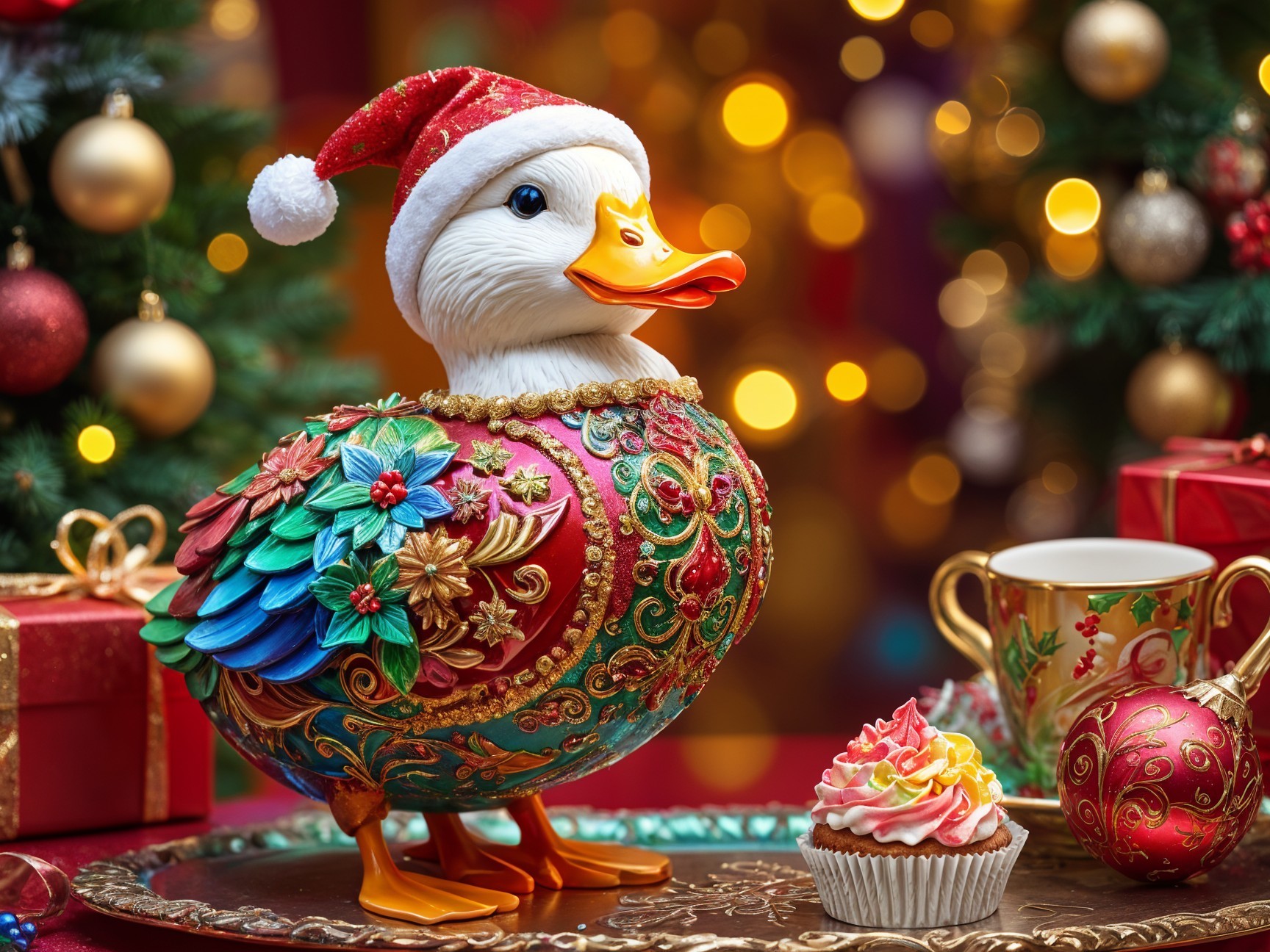 Whimsical Duck Figurine in Santa Hat with Holiday Decor