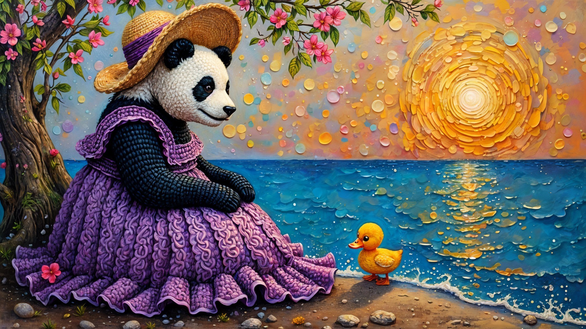 Panda in Dress by Shore with Duck and Cherry Blossoms