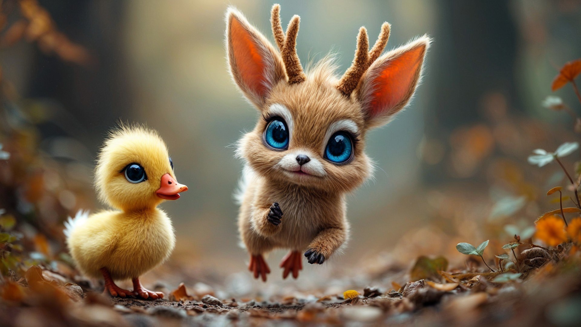 Whimsical Forest Scene with Fluffy Creature and Duckling