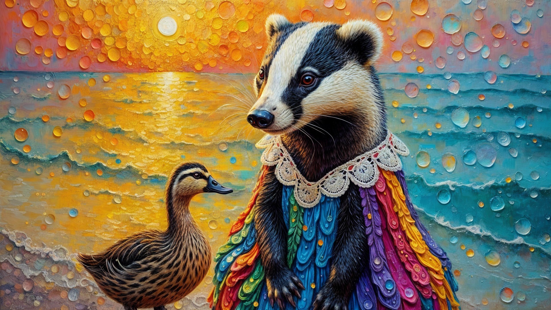Whimsical Badger and Duckling at Sunset Seascape