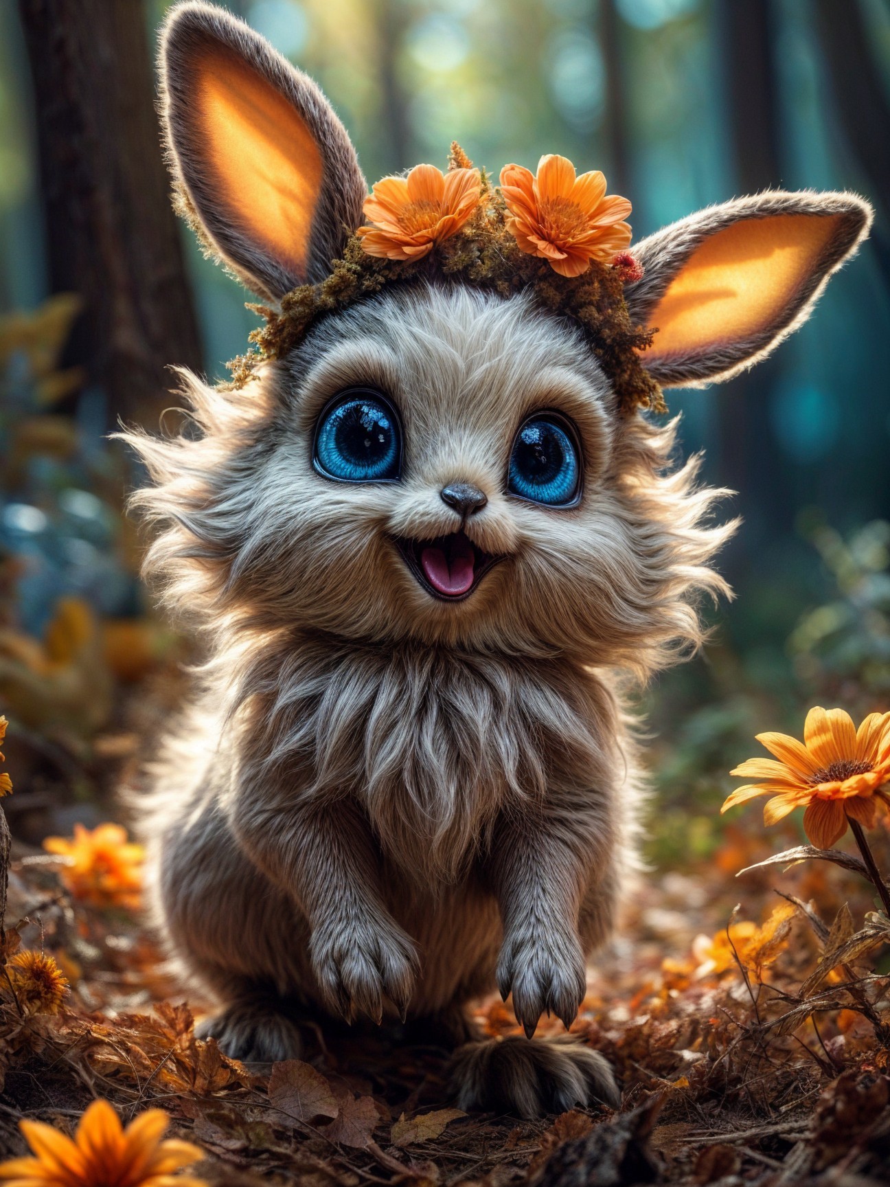 Whimsical Creature in a Vibrant Autumn Forest Scene