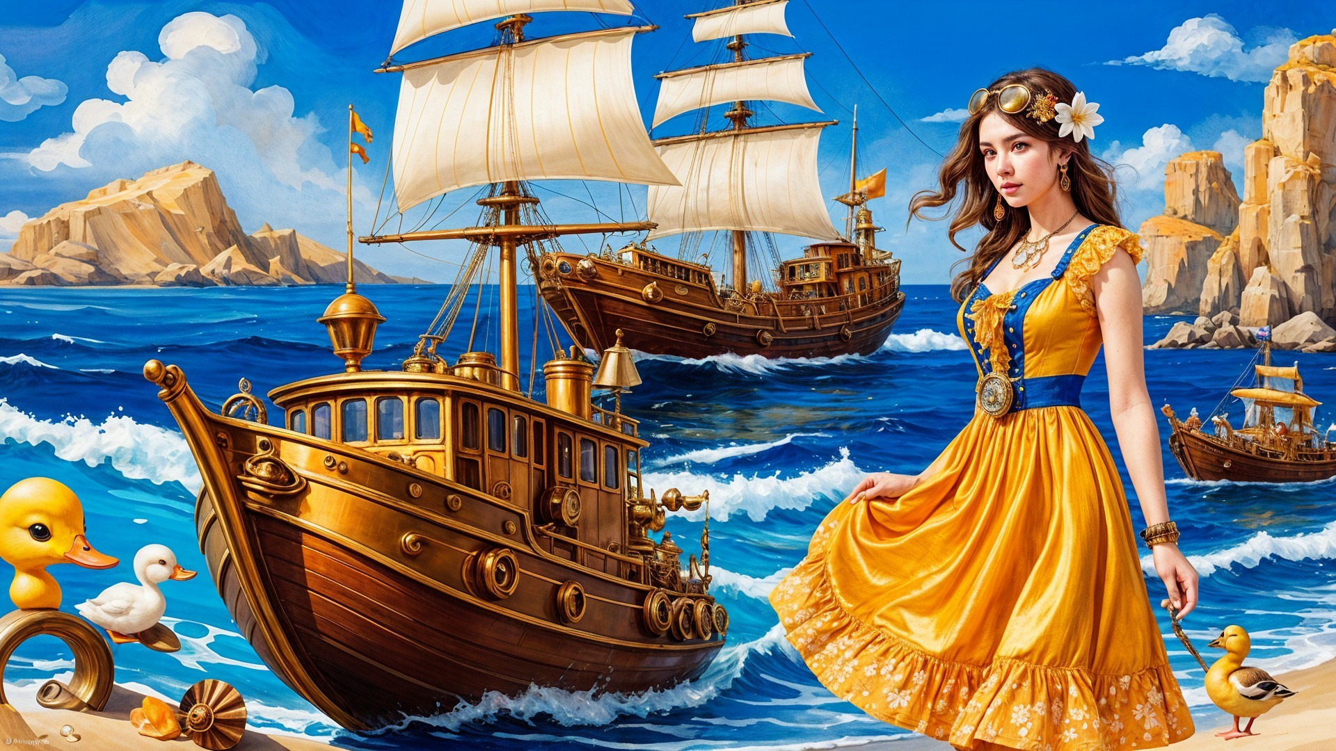 Young woman in yellow dress by the seaside with ships