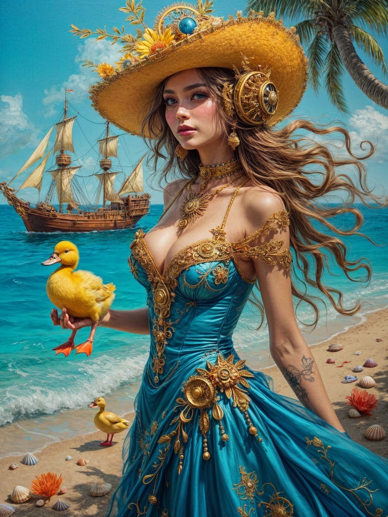 Tropical Beach Scene with Woman in Blue Gown and Duckling