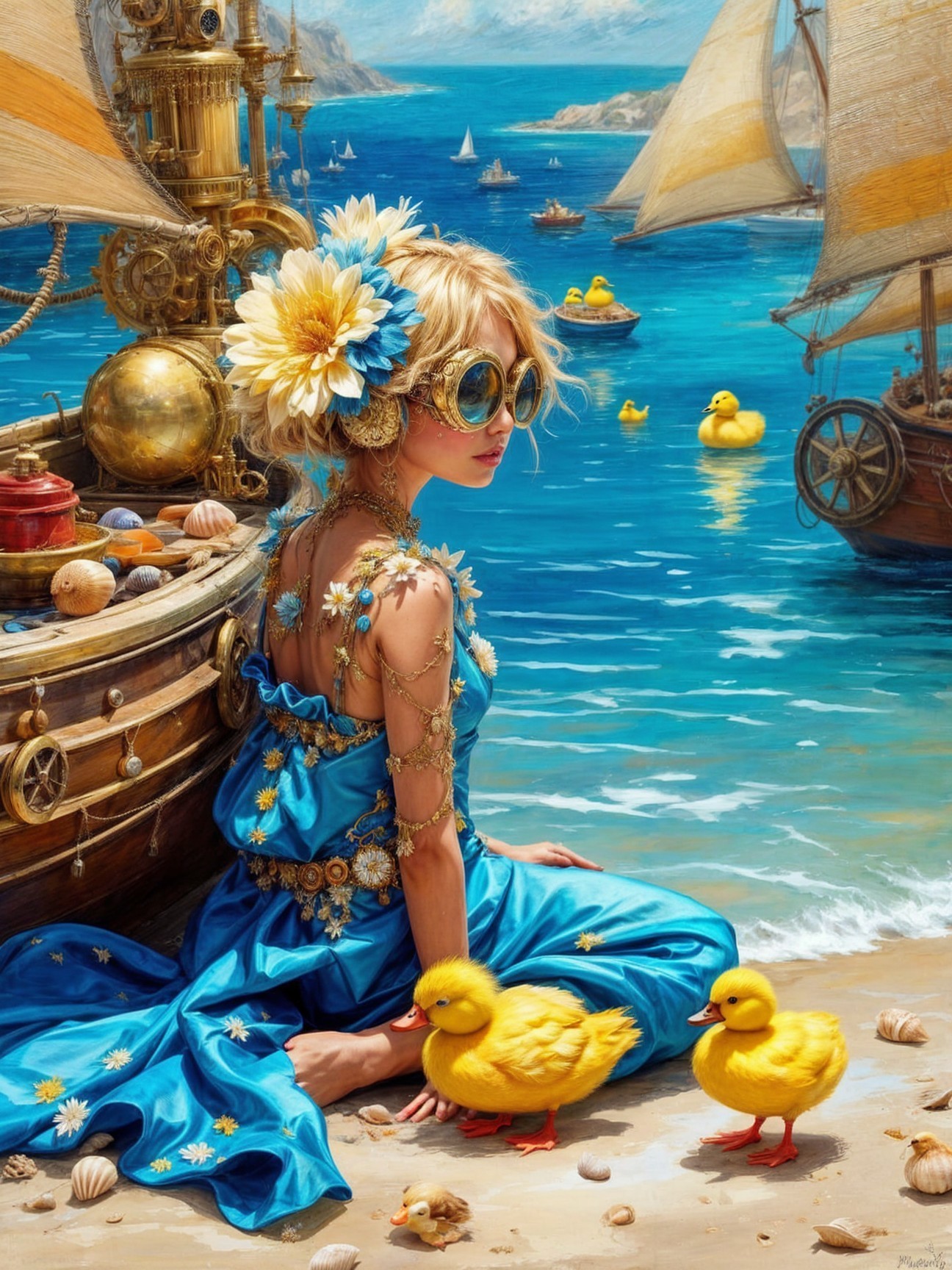 Whimsical Beach Scene with Young Woman and Ducklings