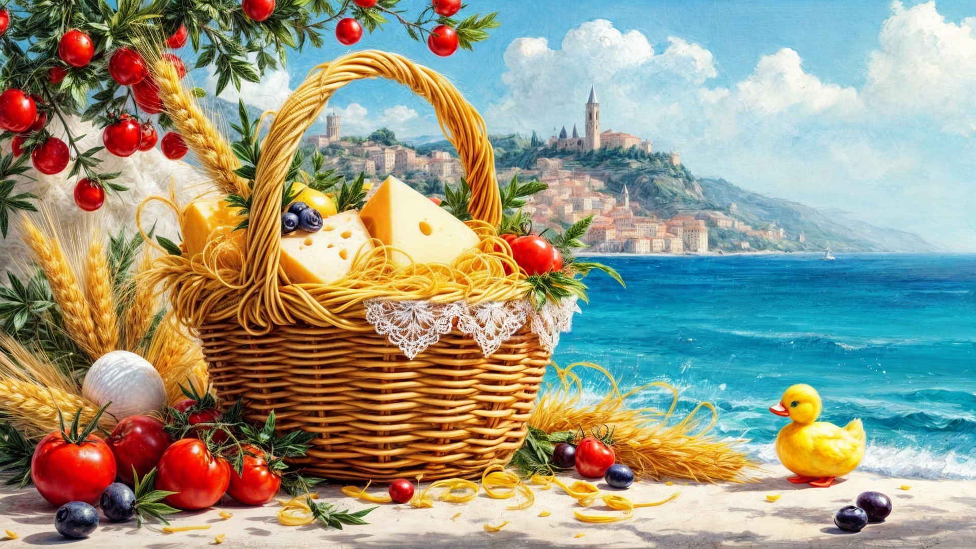 Wicker Basket with Cheese and Vibrant Produce Scene
