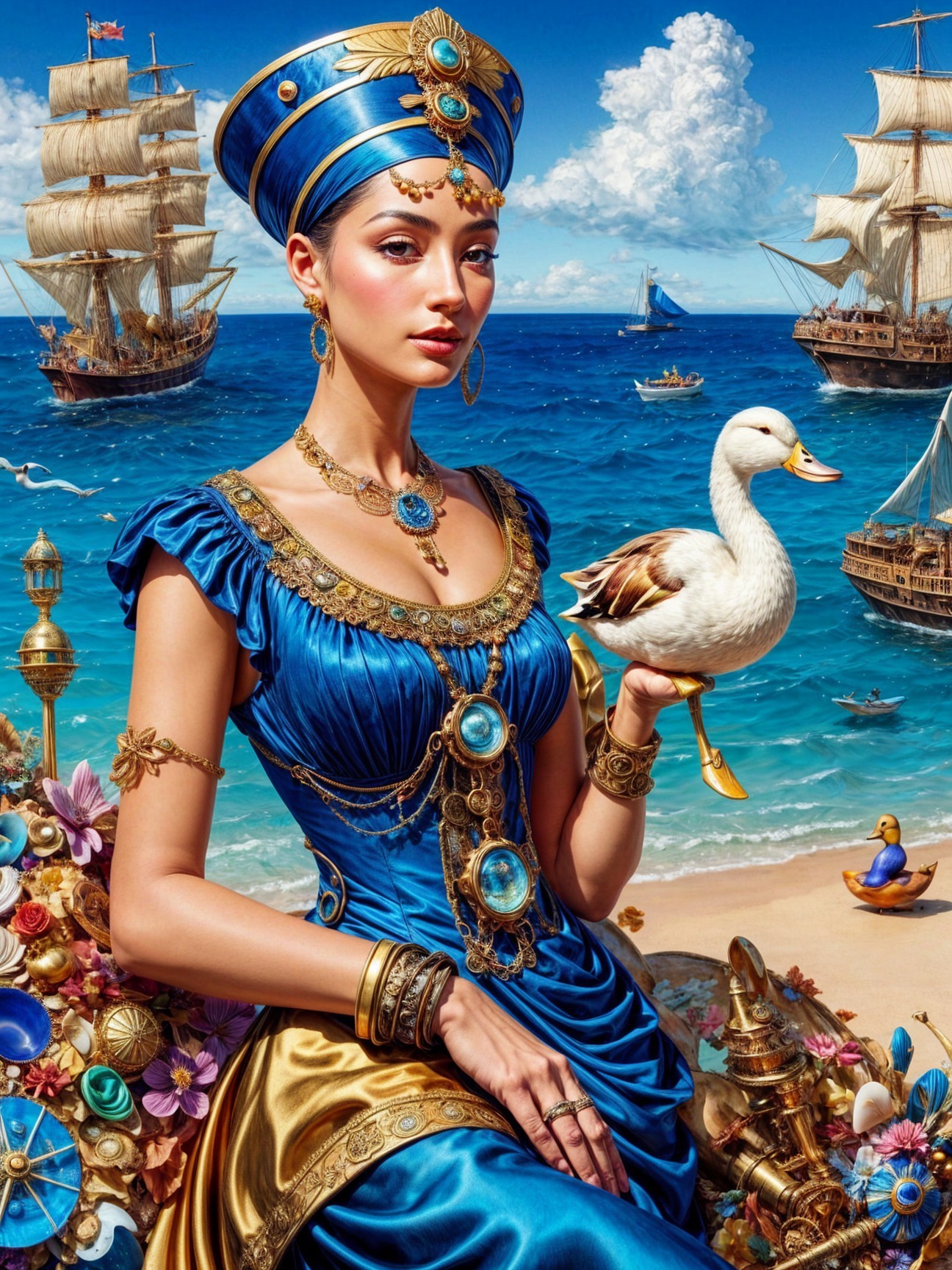 Regal Figure in Blue Gown with Duck by Seaside Ships