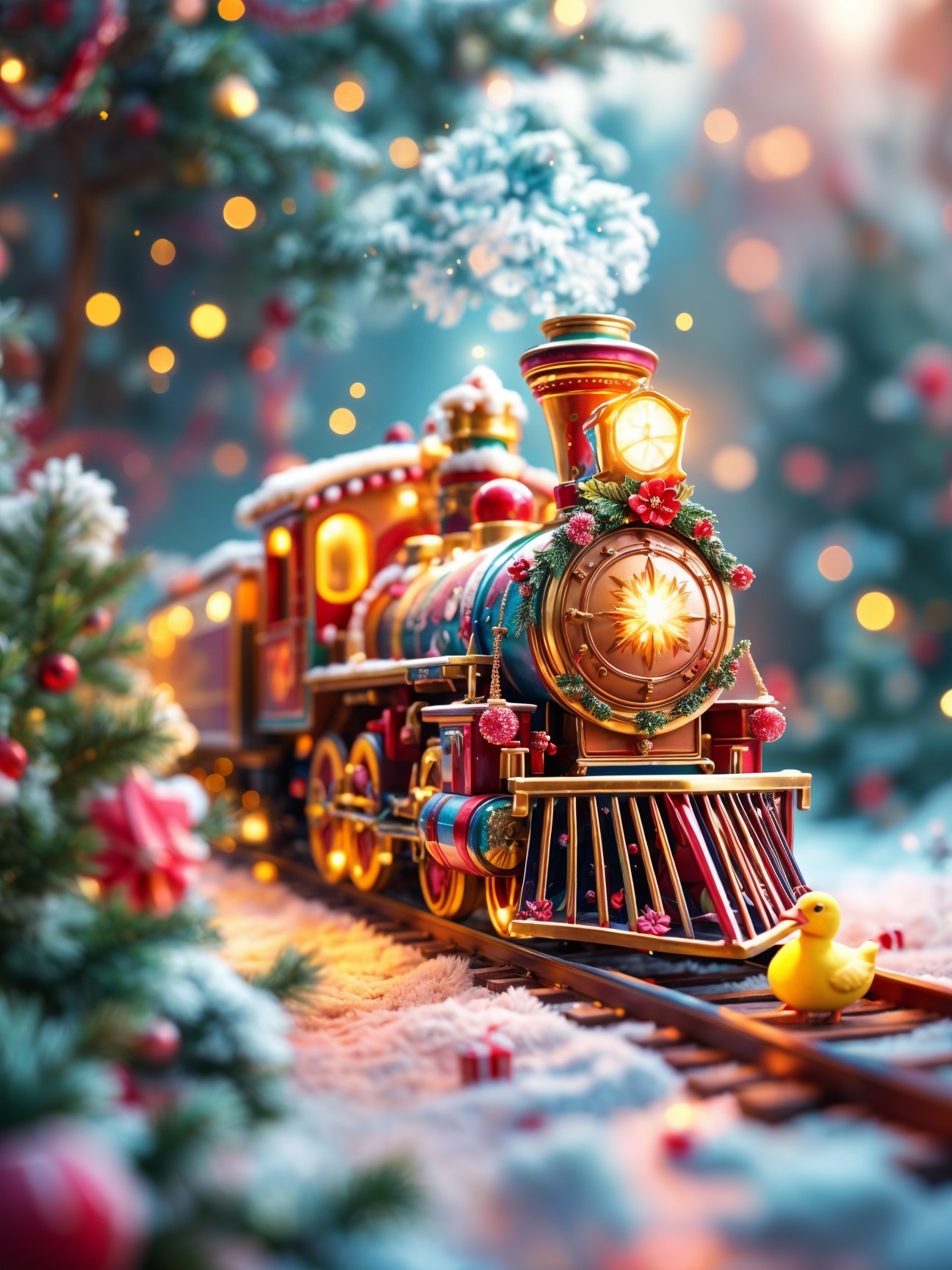 Colorful Vintage Steam Train in a Festive Winter Scene