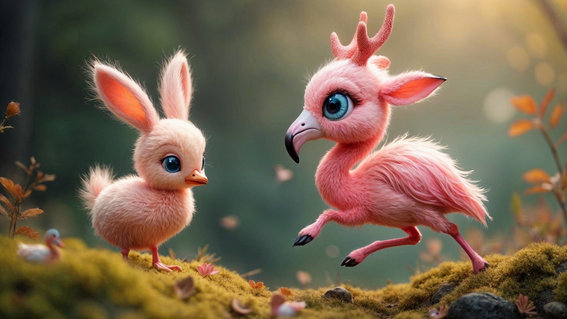 Whimsical Forest with Pastel Bunny and Antlered Flamingo