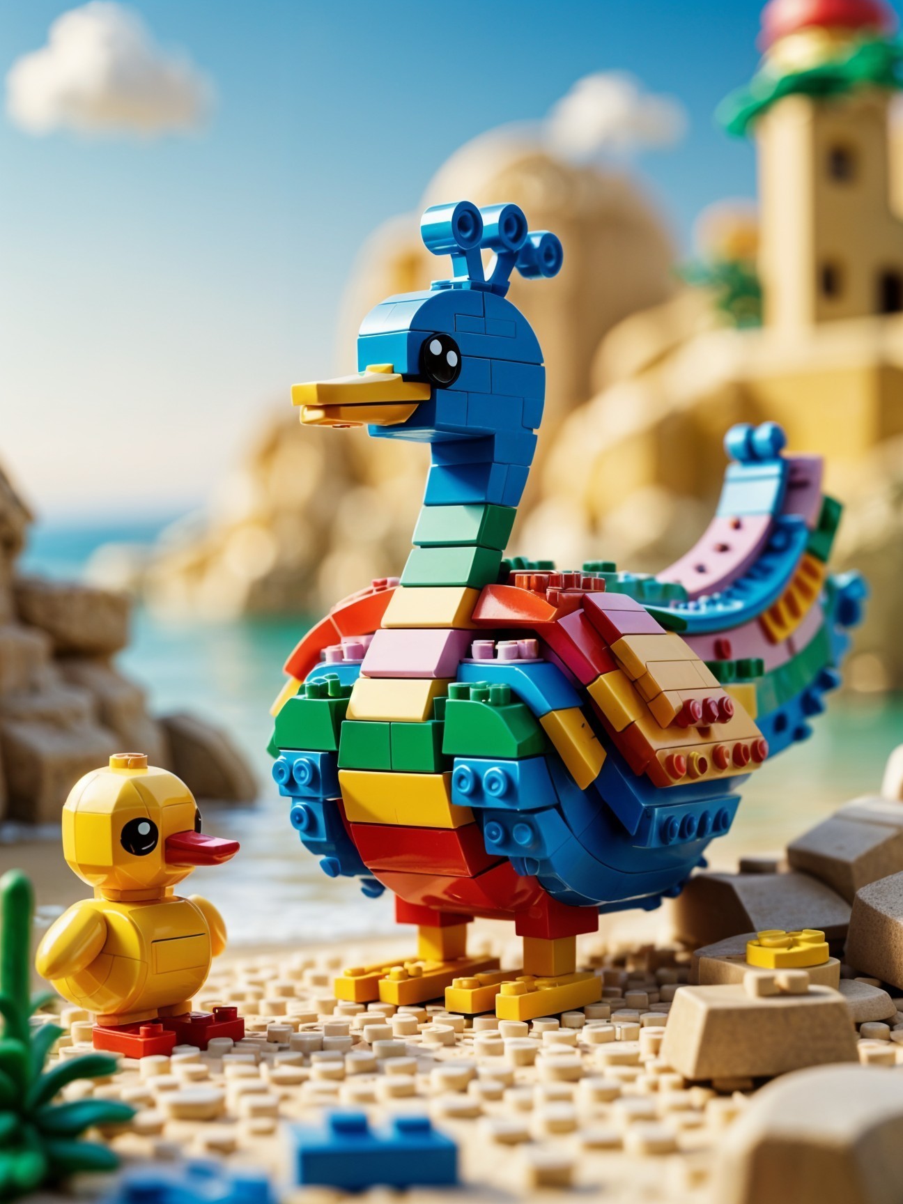 Colorful LEGO Peacock and Duck on Sandy Shores