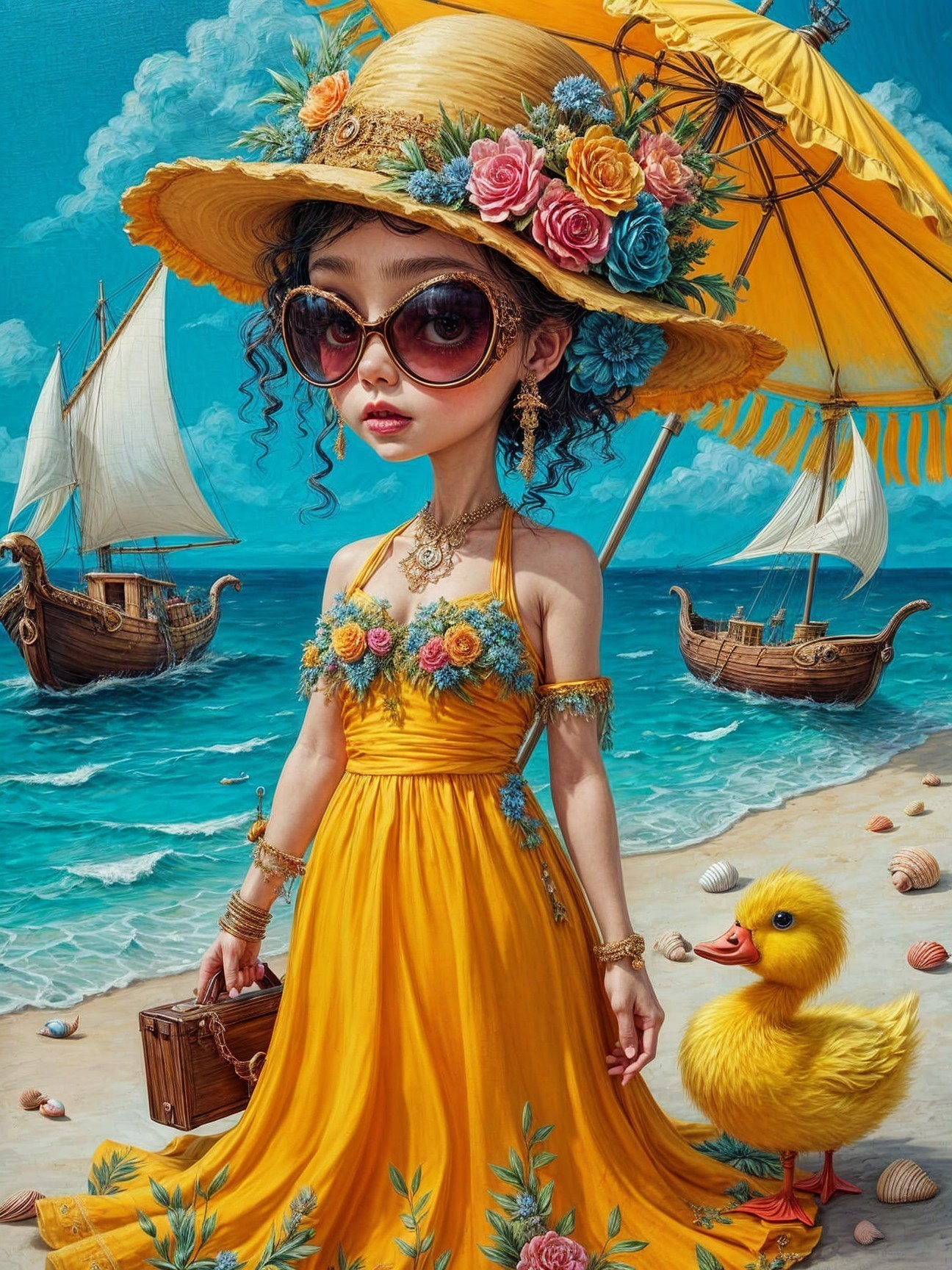 Young girl in yellow dress on beach with duckling
