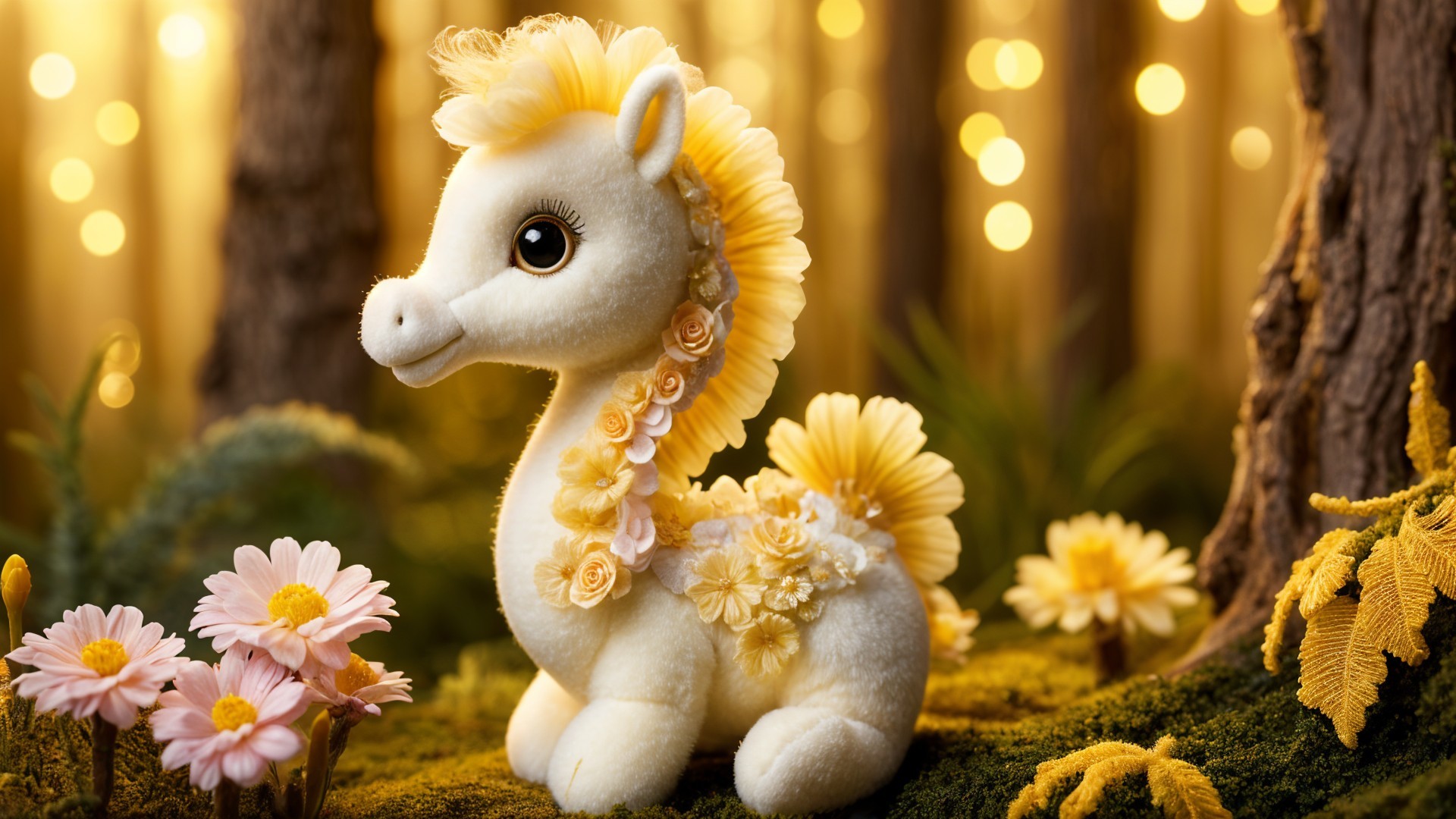 Plush Pony in Whimsical Forest with Flowers