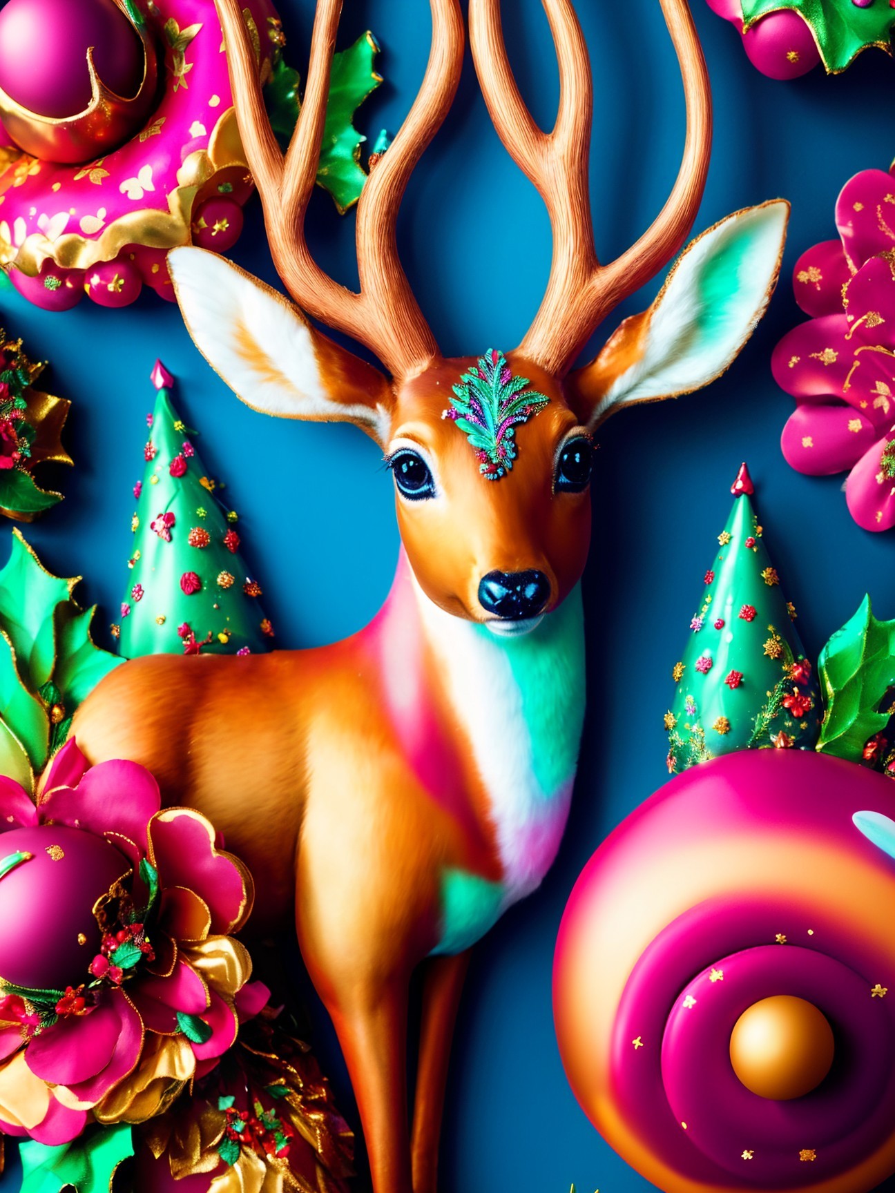 Colorful Deer with Festive Holiday Decorations