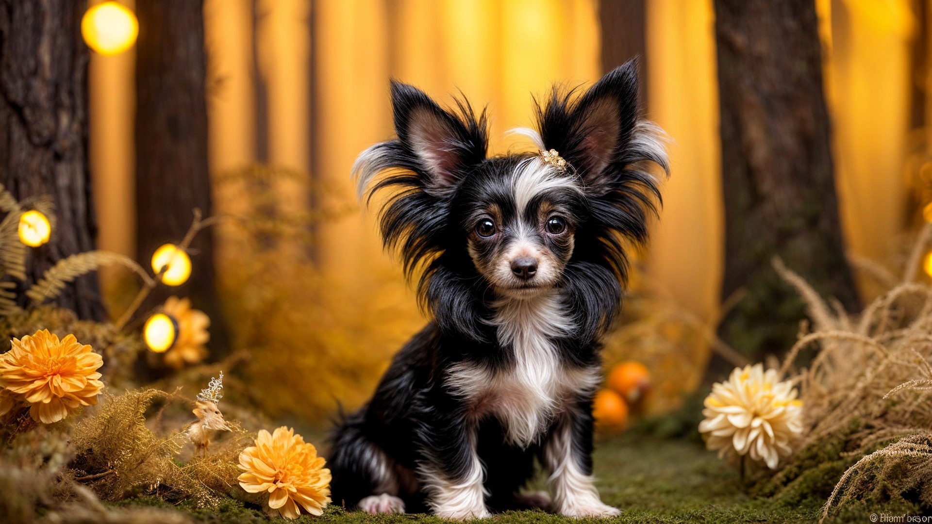 Charming Small Dog in Autumn Background with Foliage