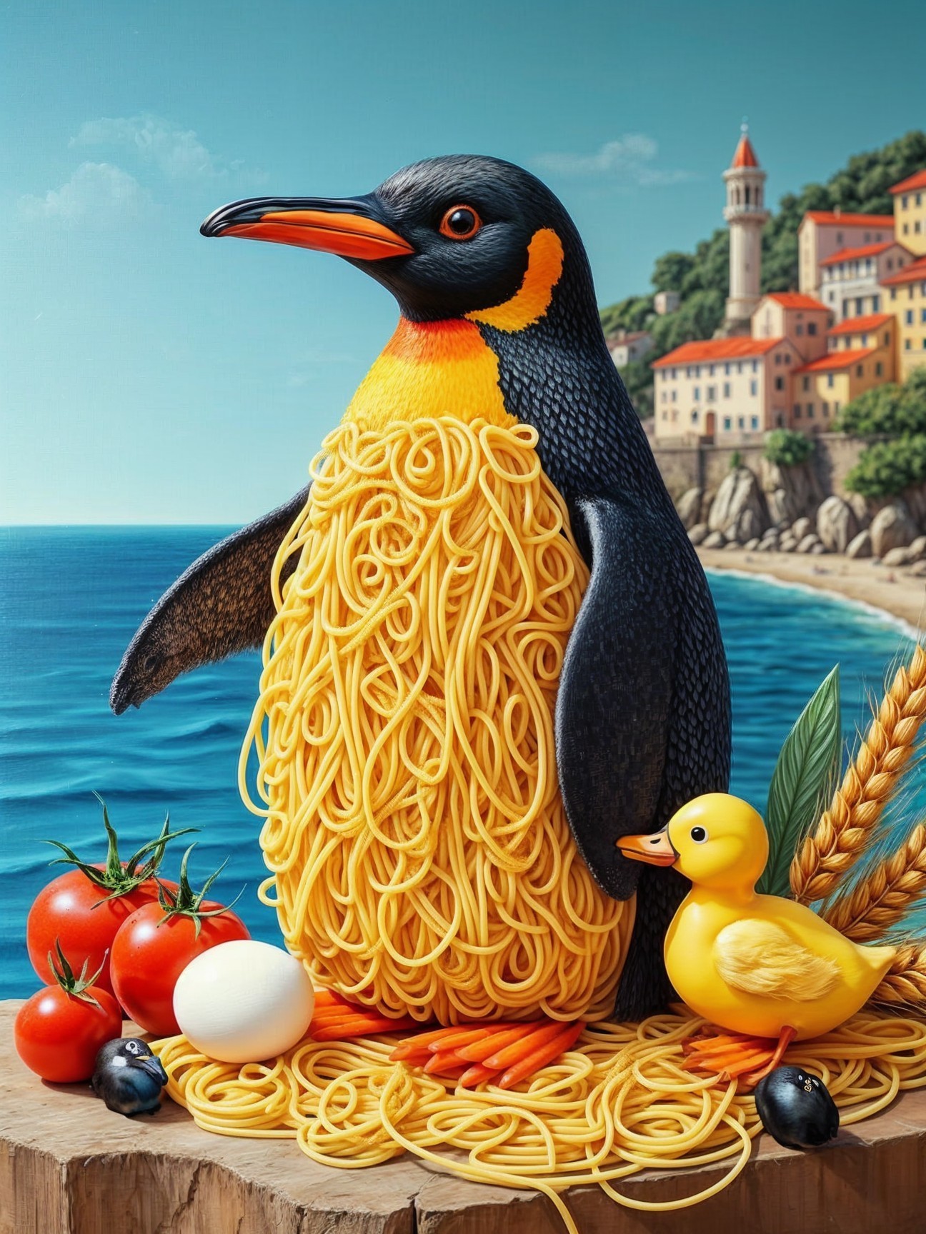 Penguin in Spaghetti by the Seaside with Duckling