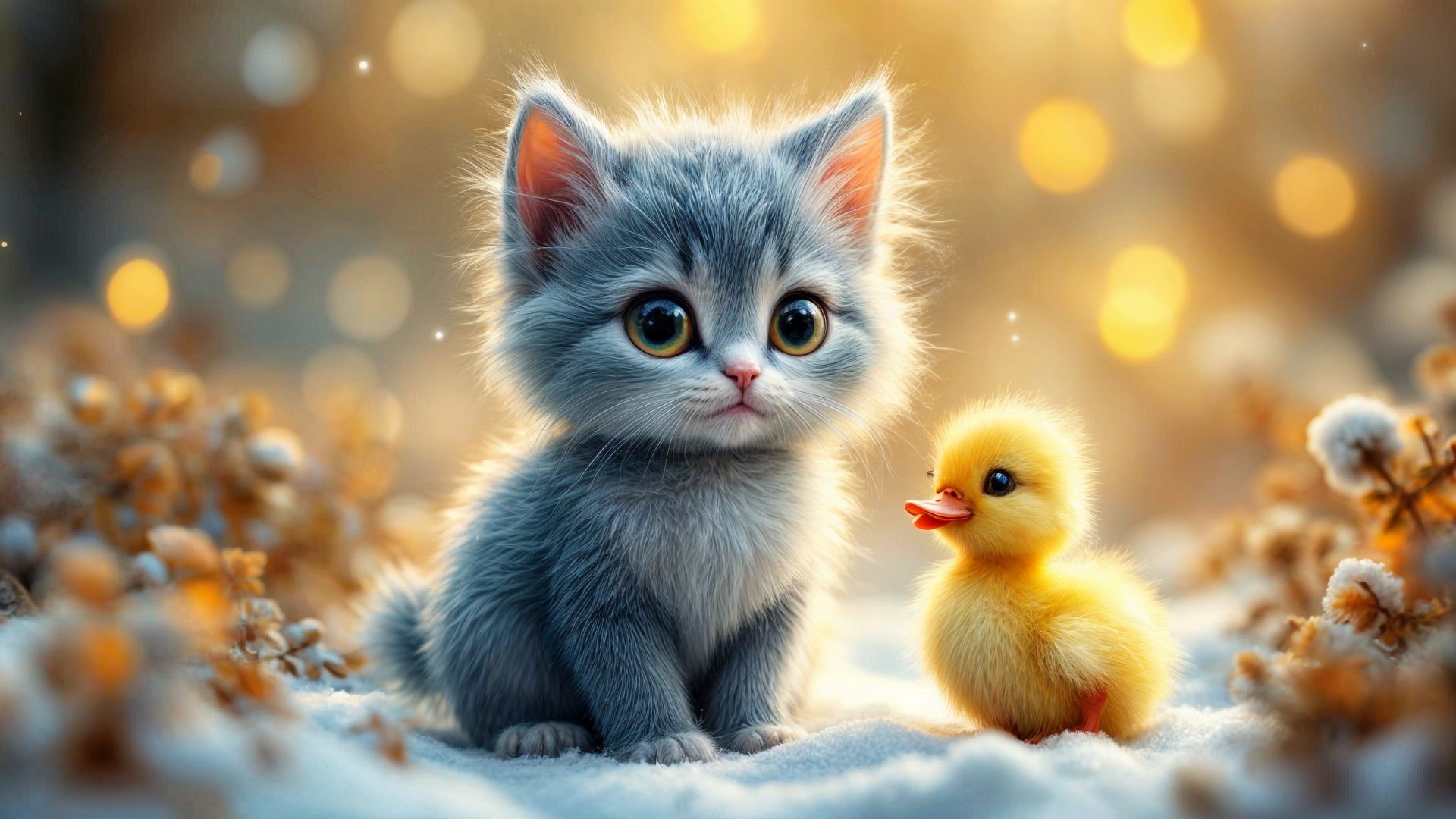 Gray Kitten and Yellow Duckling in Snowy Scene