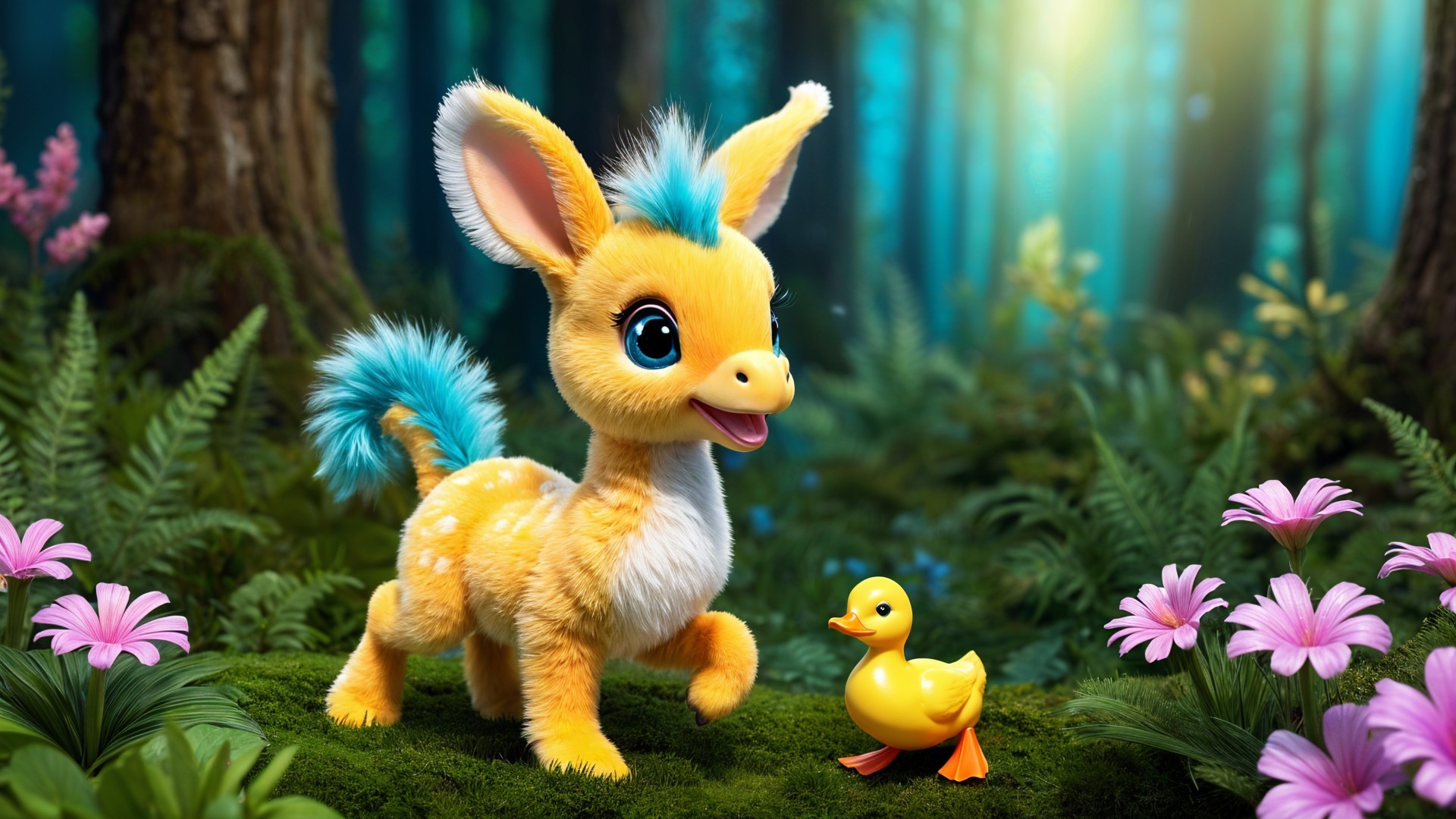 Vibrant Forest Scene with Plush Fawn and Duckling