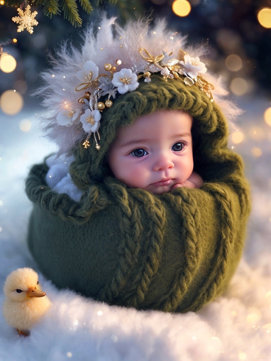 Cherubic Baby in Knitted Cocoon with Duckling