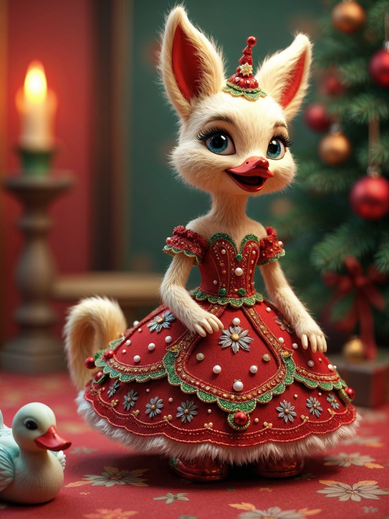 Anthropomorphic character in festive red gown with duck figurine