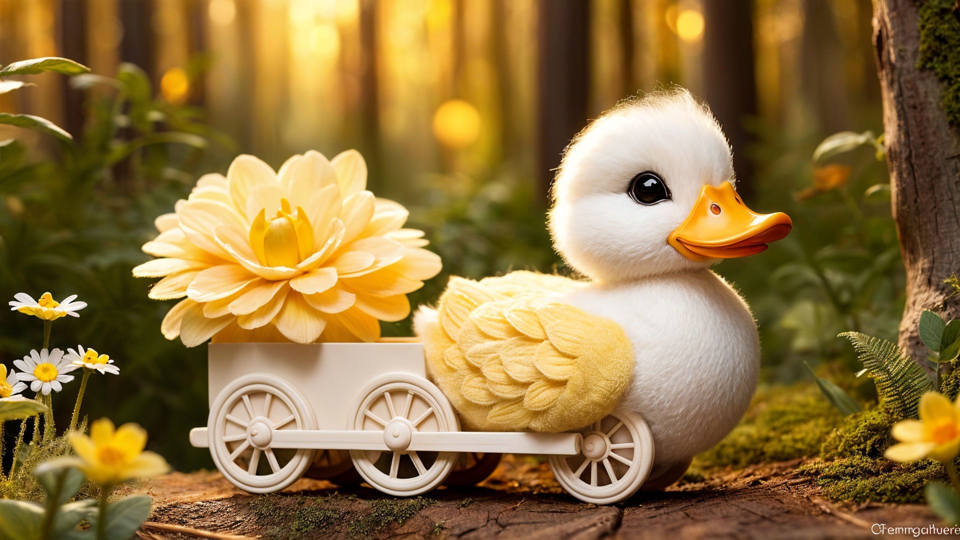 Fluffy Duckling in Toy Cart Surrounded by Daisies