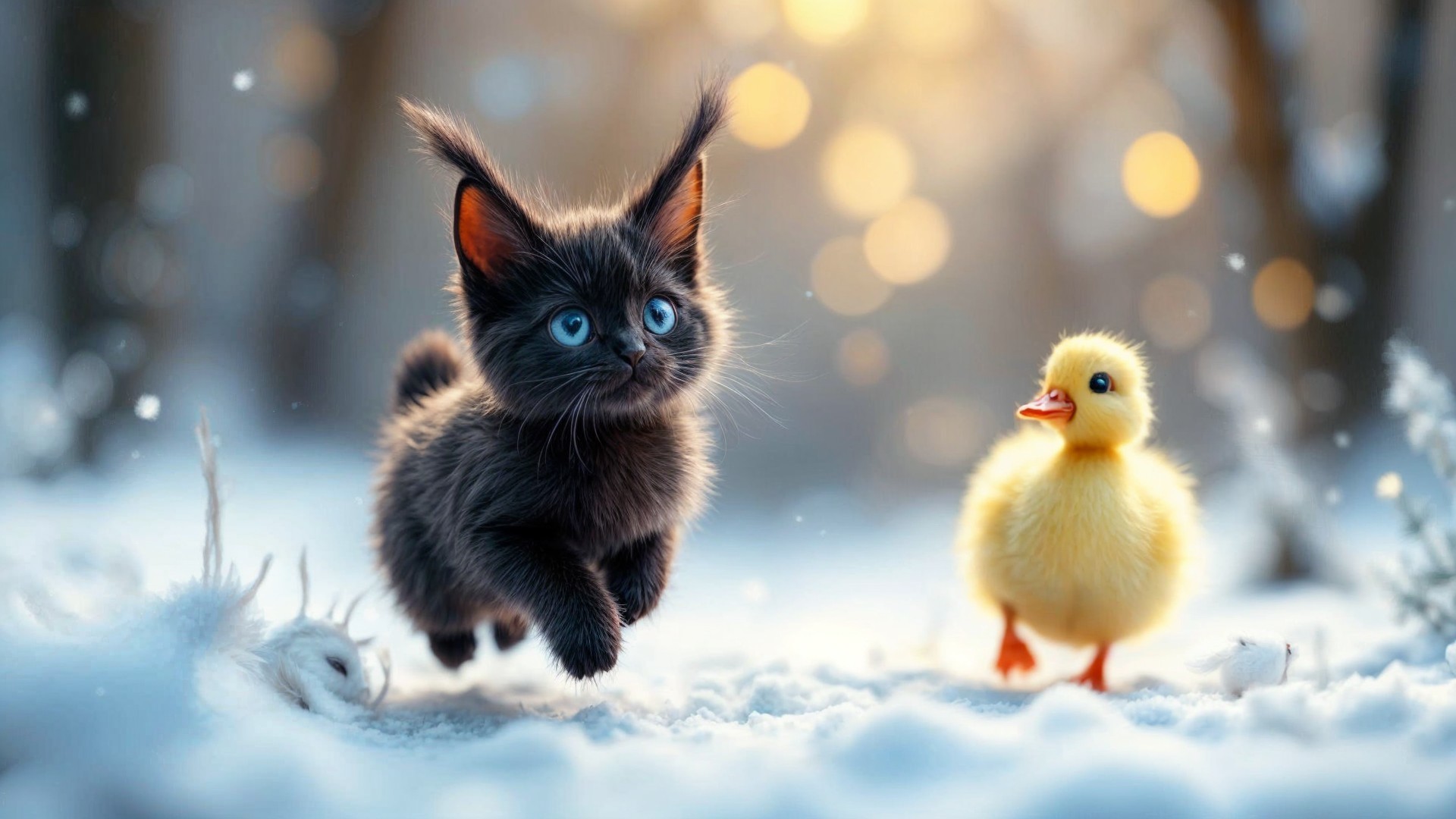 Black Kitten and Duckling in a Snowy Wonderland