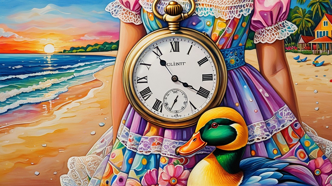 Colorful Beach Scene with Dress and Whimsical Duck