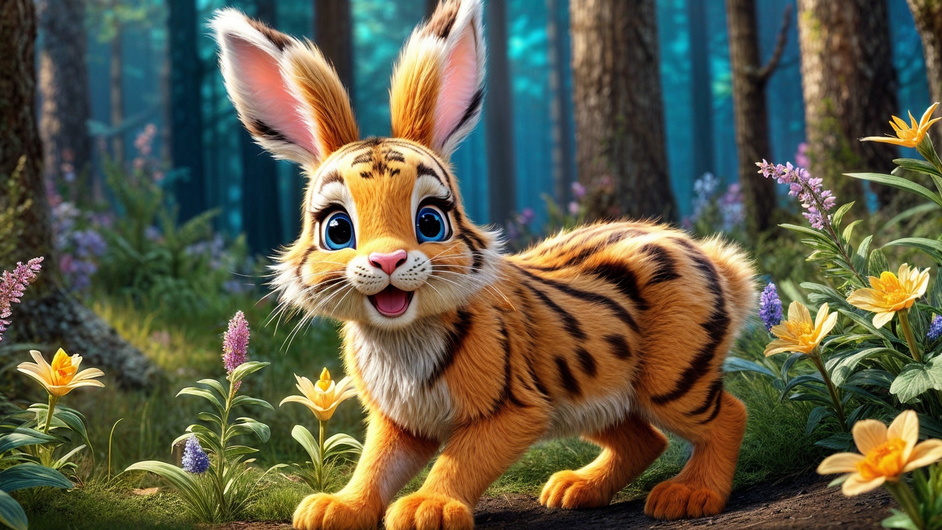 Vibrant Cartoon Hare in Lush Forest Setting