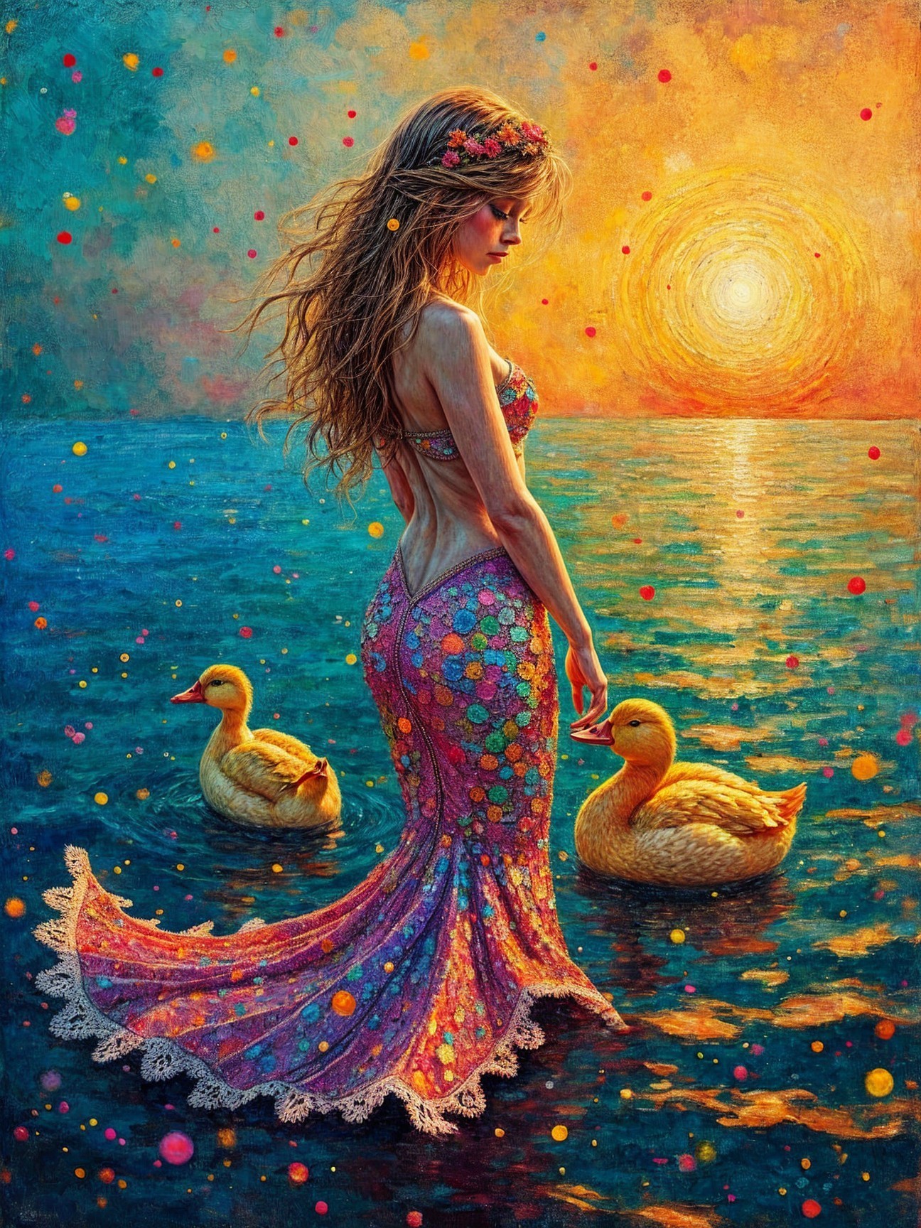 Woman in Vibrant Dress by Sunset Water Scene
