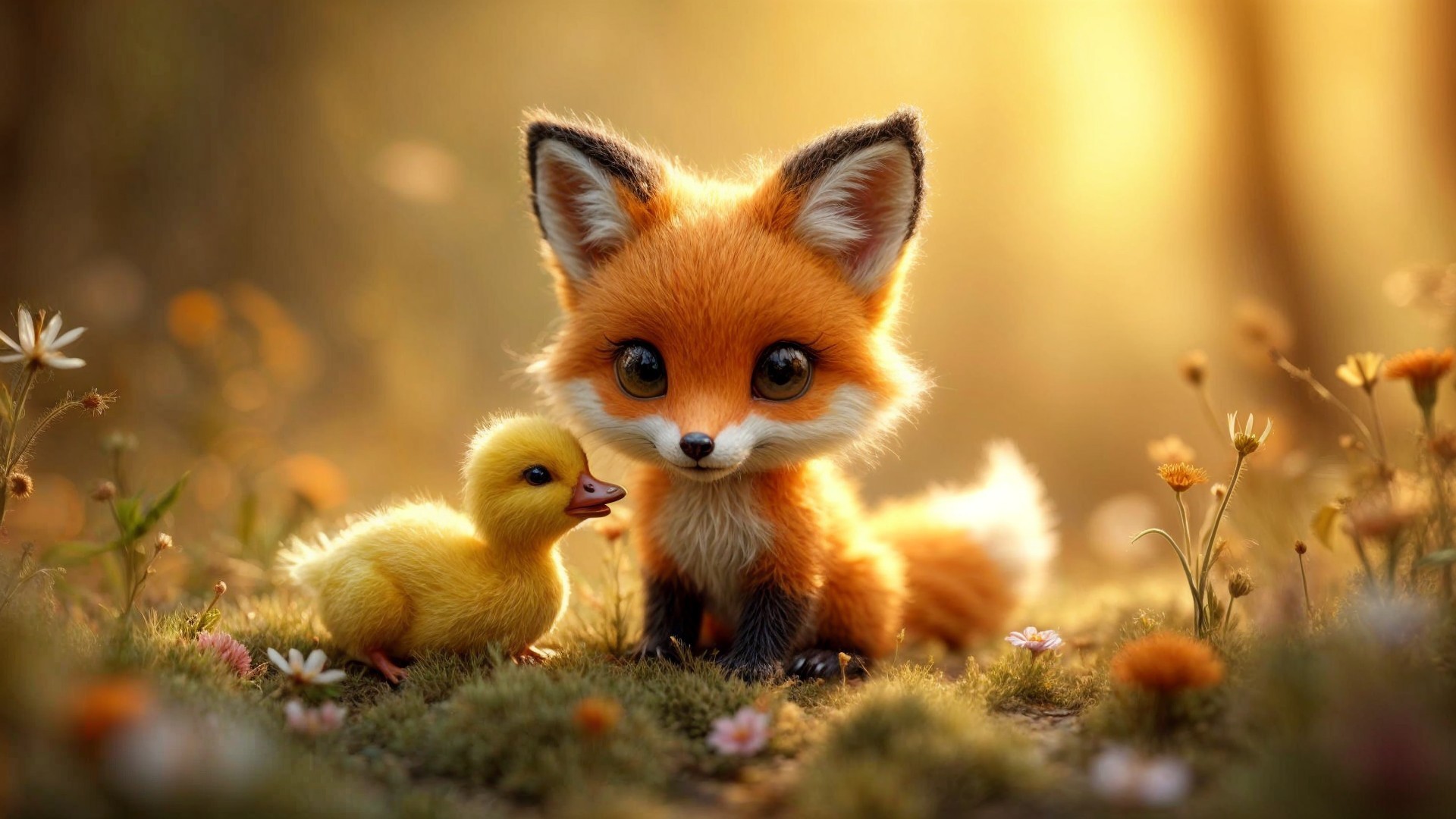 Orange Fox and Yellow Duckling in Sunlit Meadow