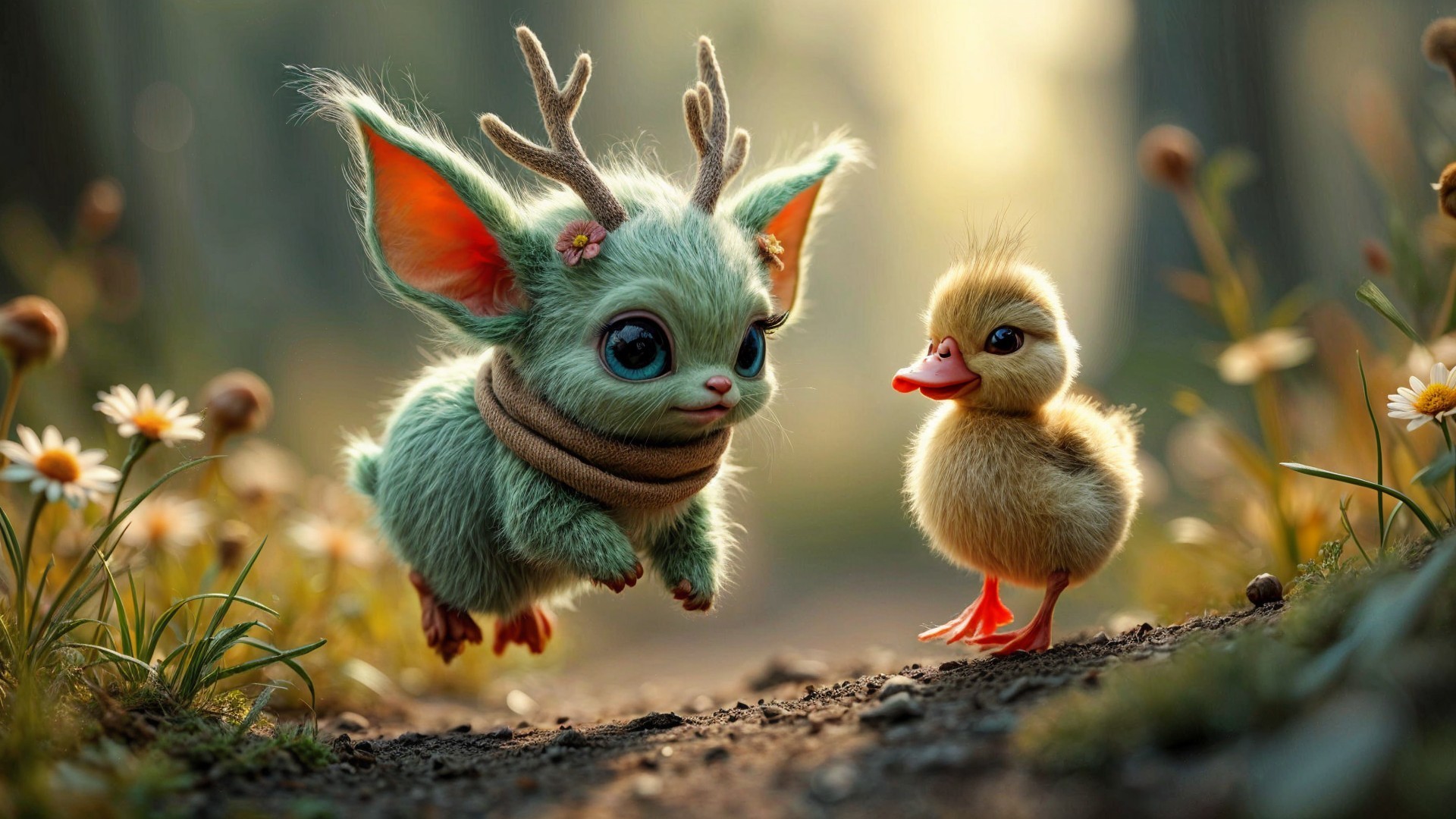Whimsical Forest Scene with Cute Creature and Duckling