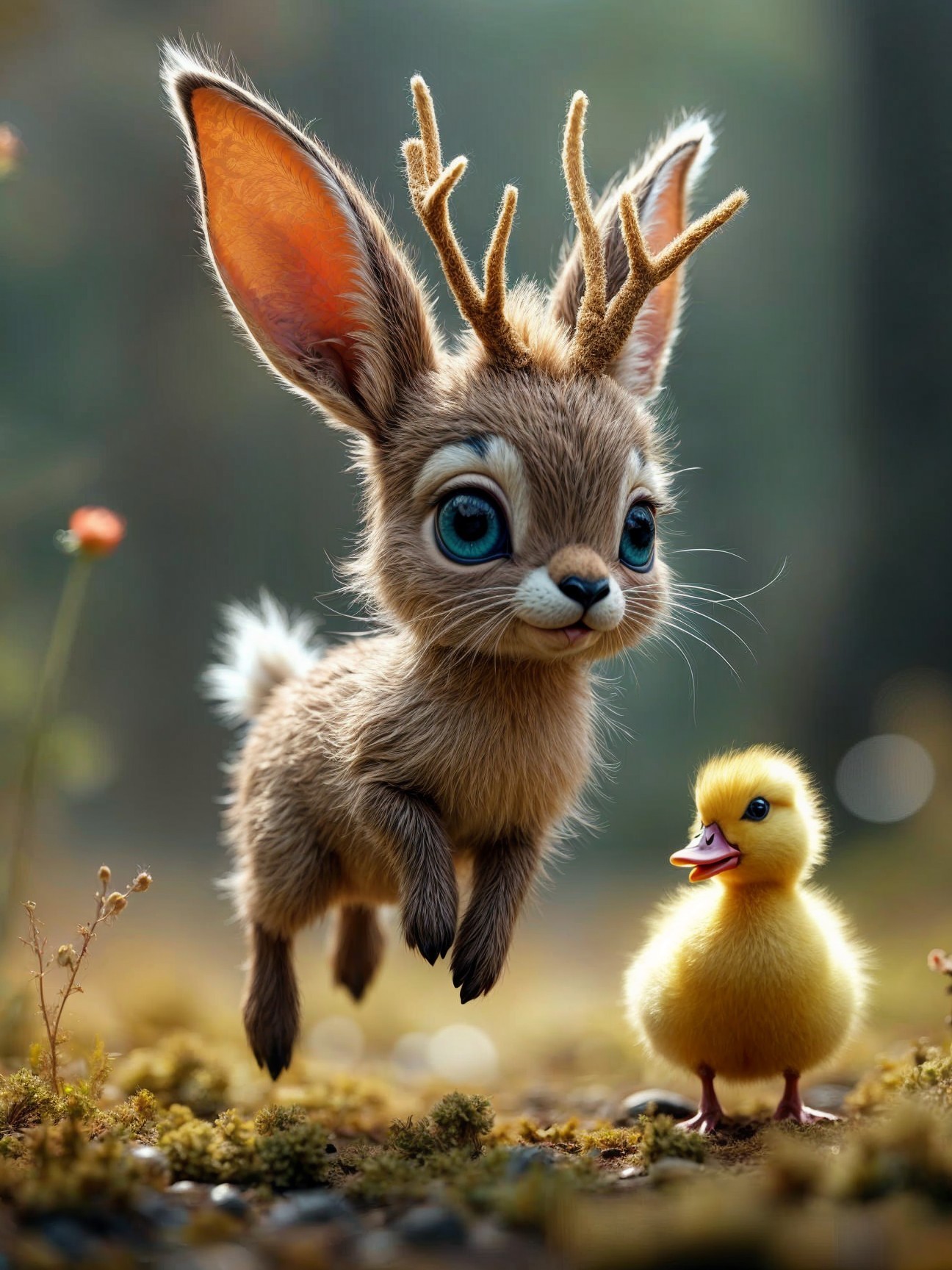 Whimsical Rabbit and Duckling in a Mossy Forest
